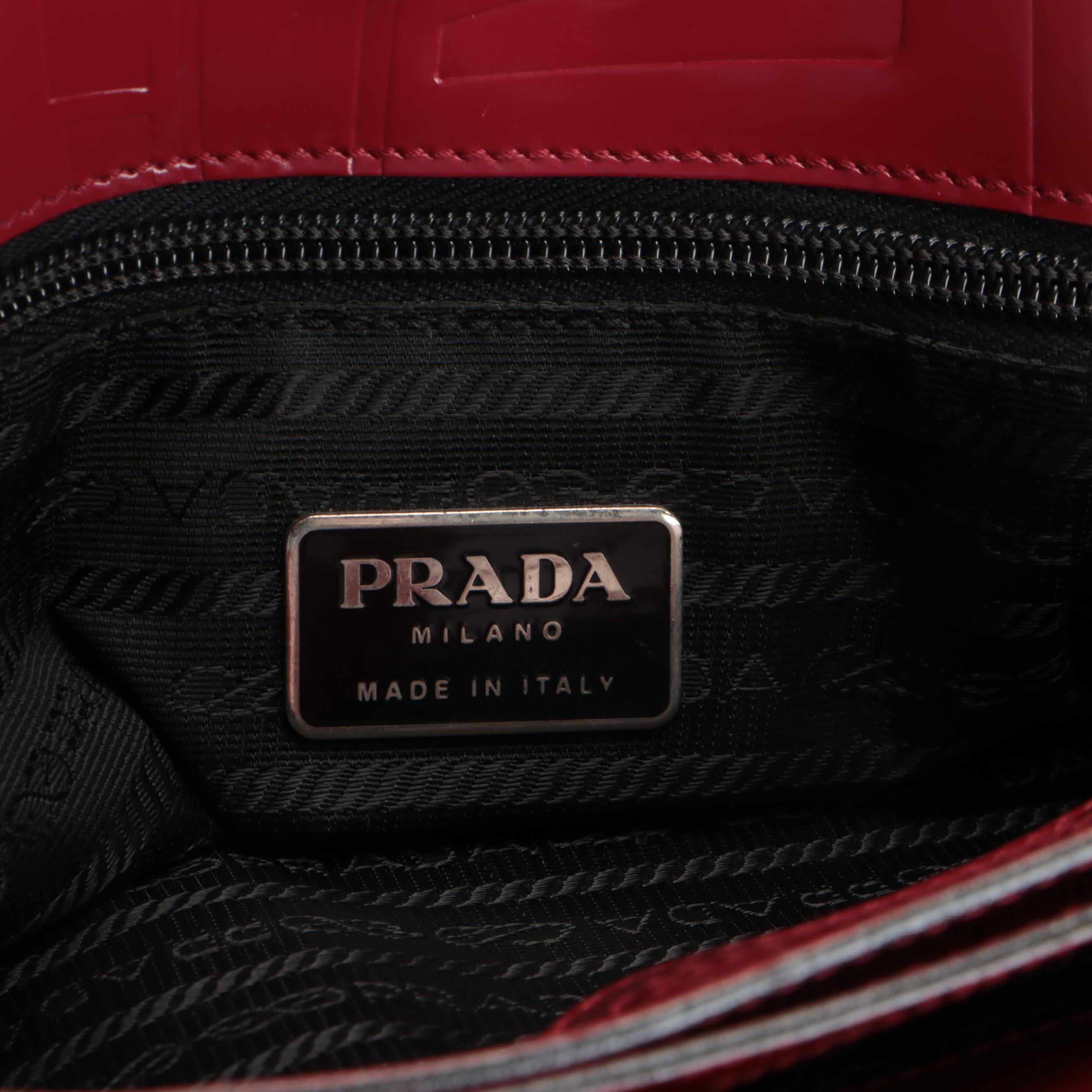 Prada Satchel Style Tote Bag in Red Patent Leather with Embossed Design