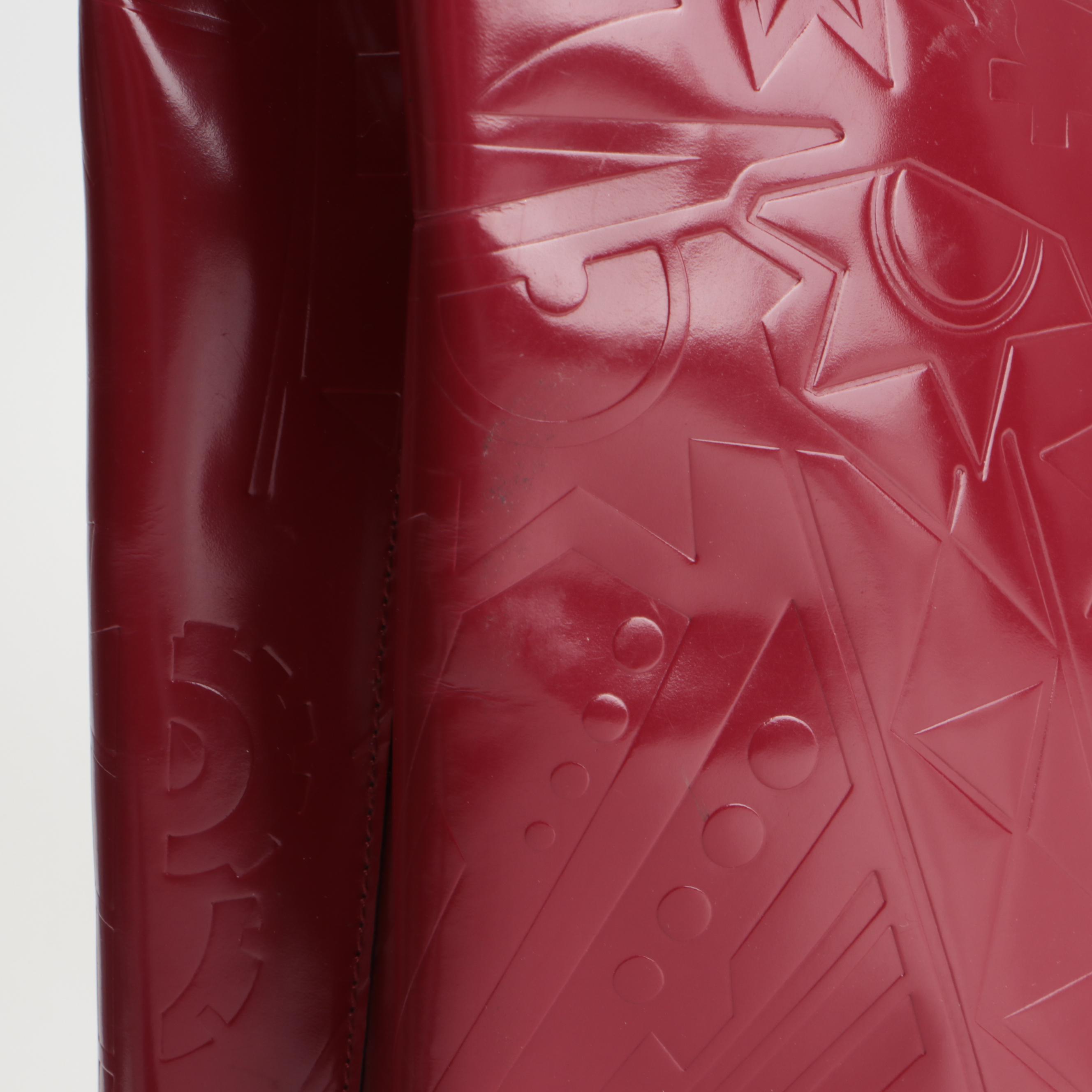 Prada Satchel Style Tote Bag in Red Patent Leather with Embossed Design