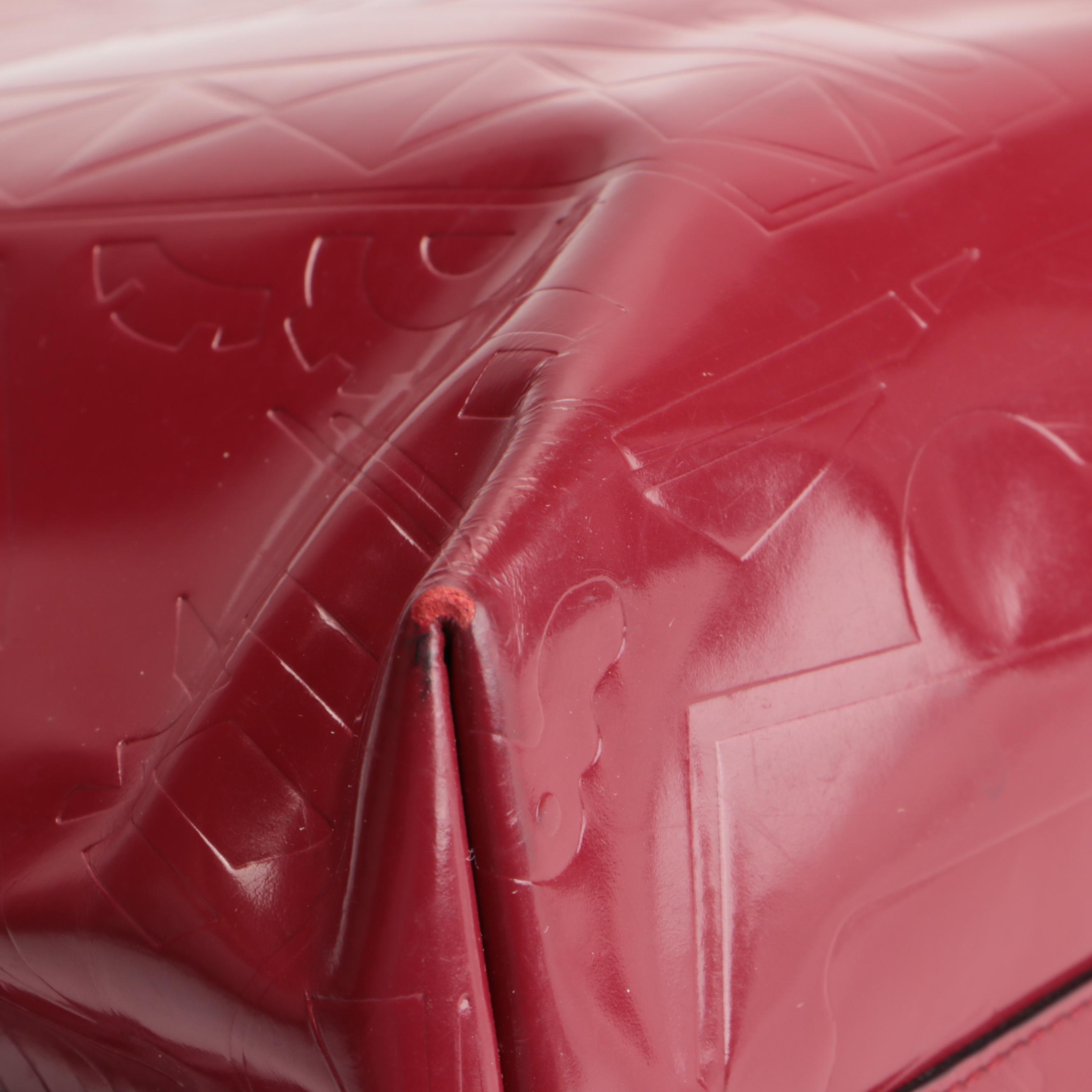 Prada Satchel Style Tote Bag in Red Patent Leather with Embossed Design