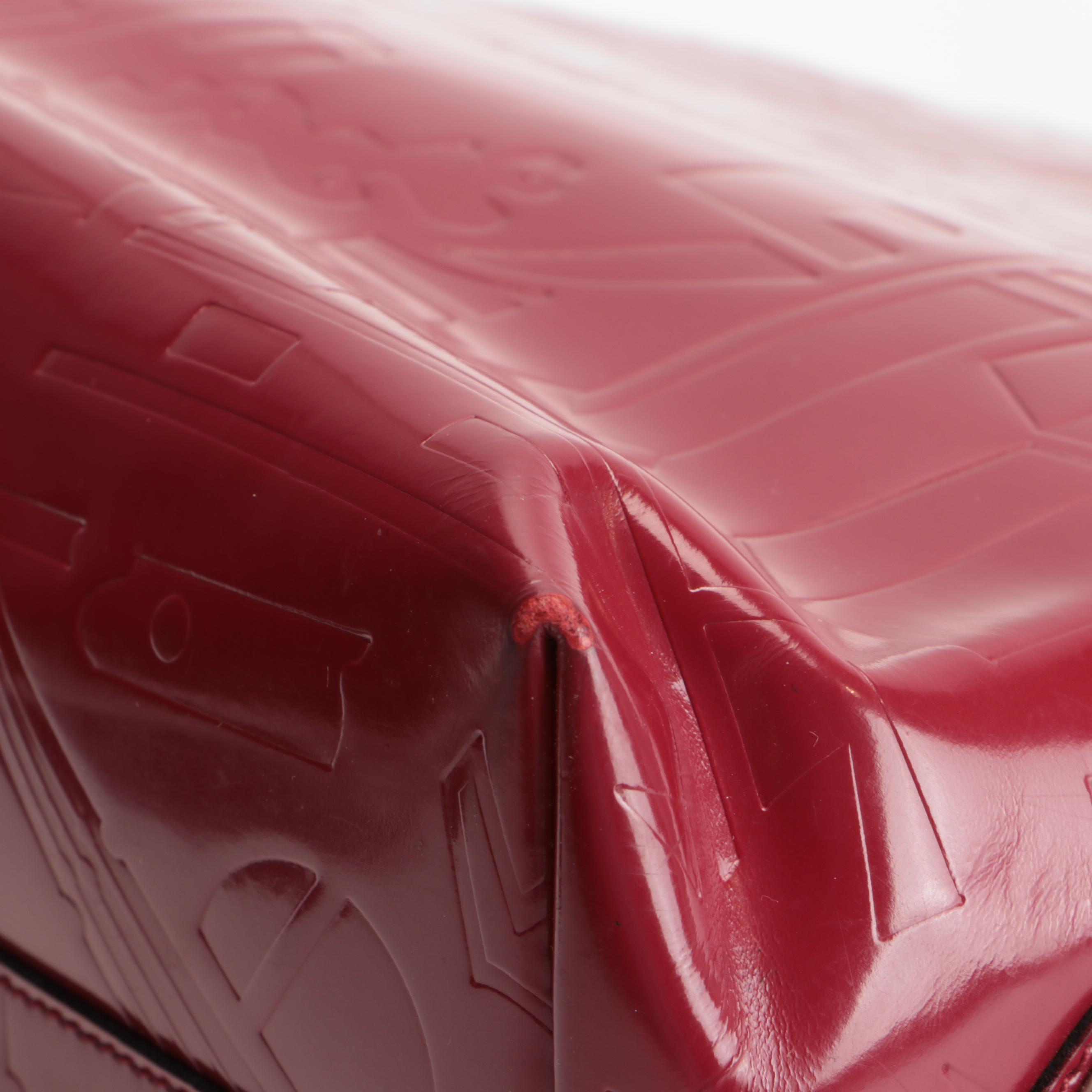 Prada Satchel Style Tote Bag in Red Patent Leather with Embossed Design