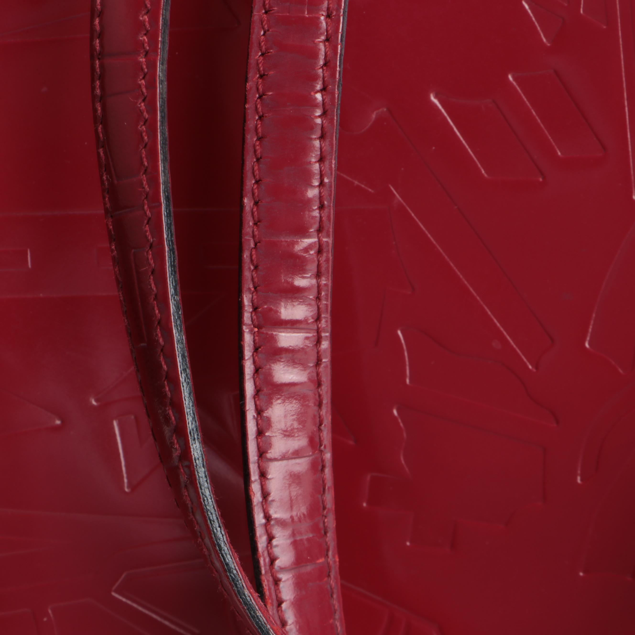 Prada Satchel Style Tote Bag in Red Patent Leather with Embossed Design