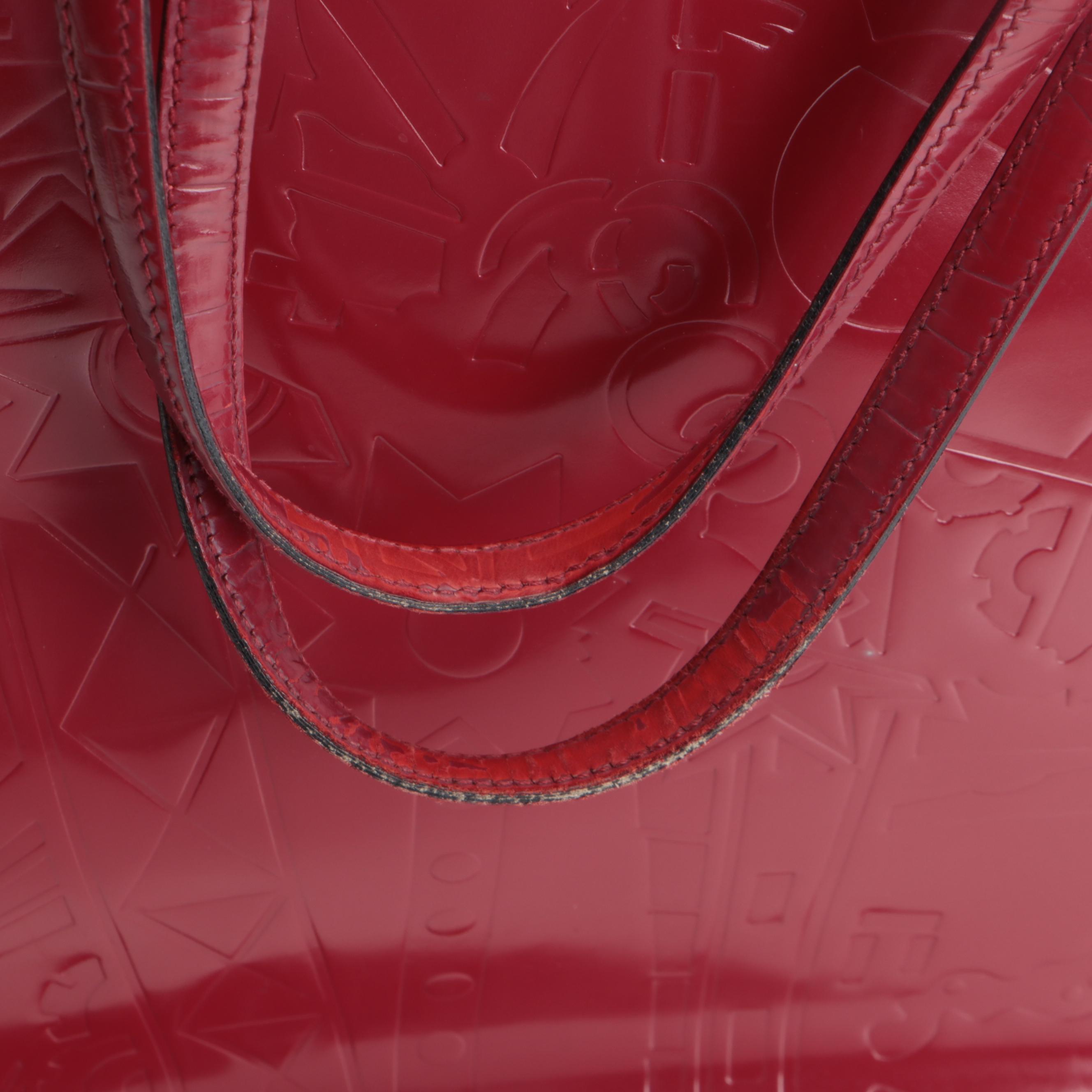 Prada Satchel Style Tote Bag in Red Patent Leather with Embossed Design