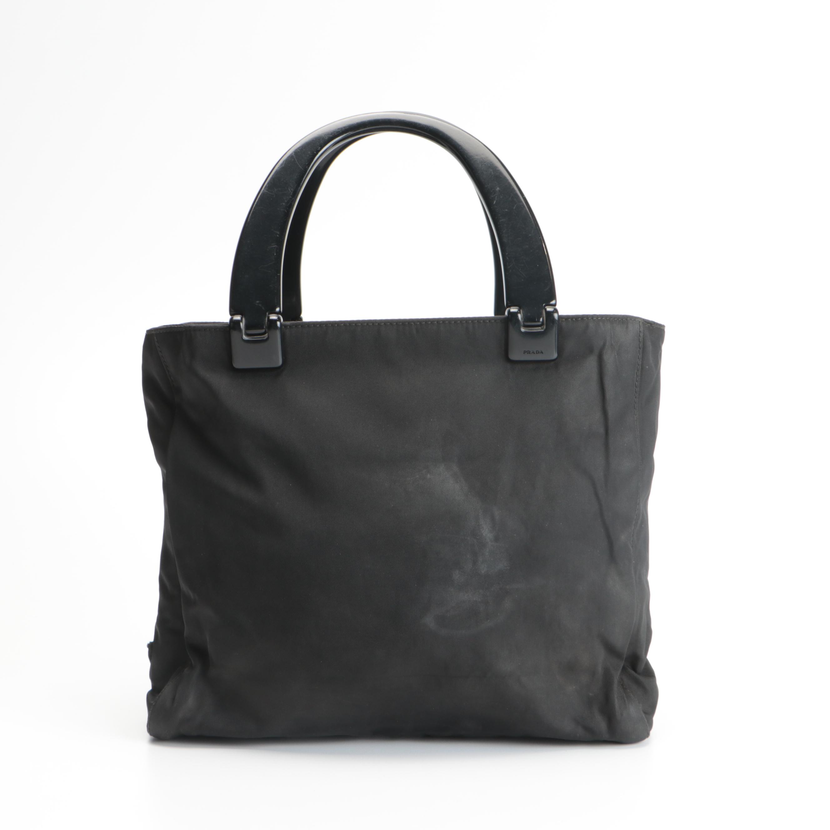 Prada Top Handle Bag in Black Nylon with Plastic Handles