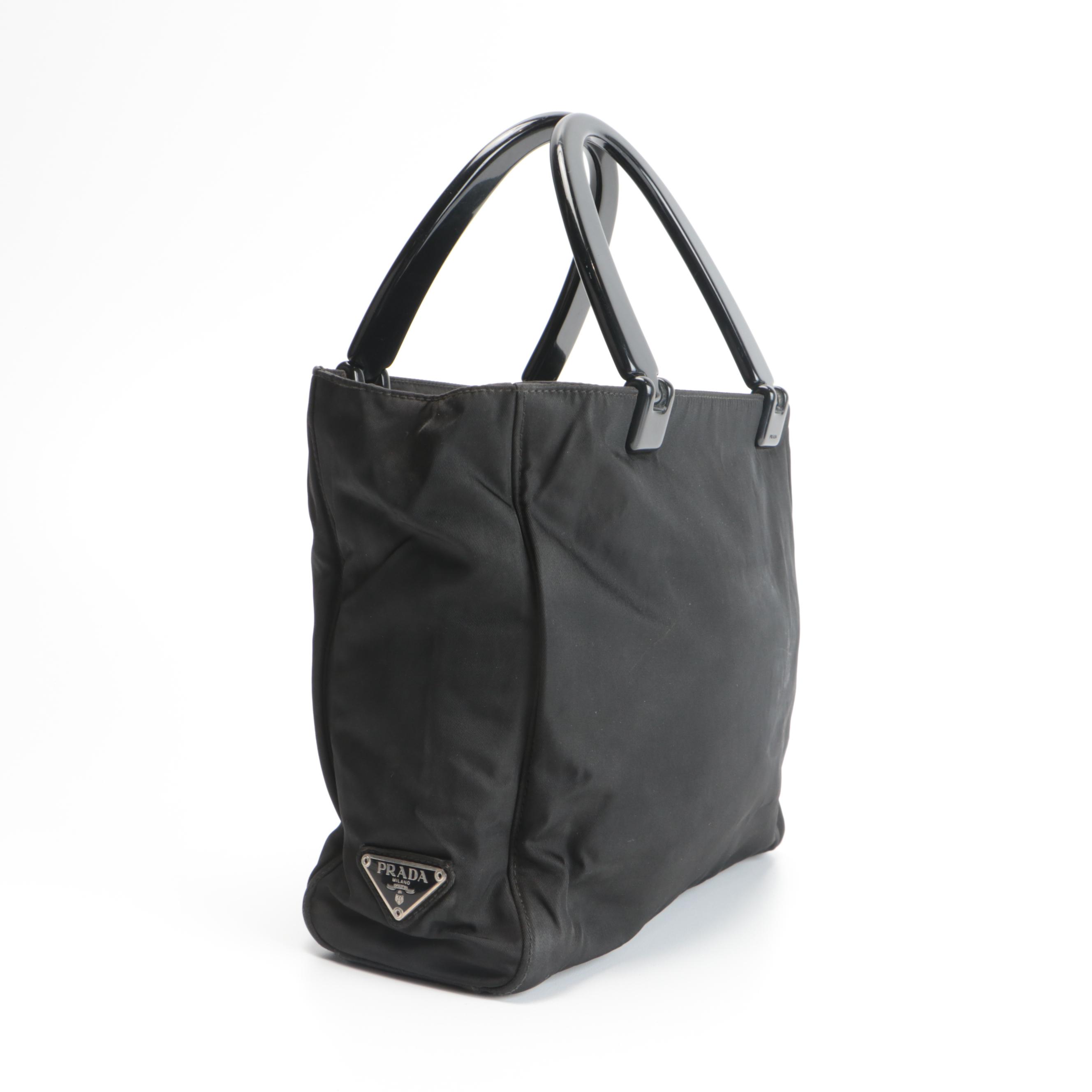 Prada Top Handle Bag in Black Nylon with Plastic Handles