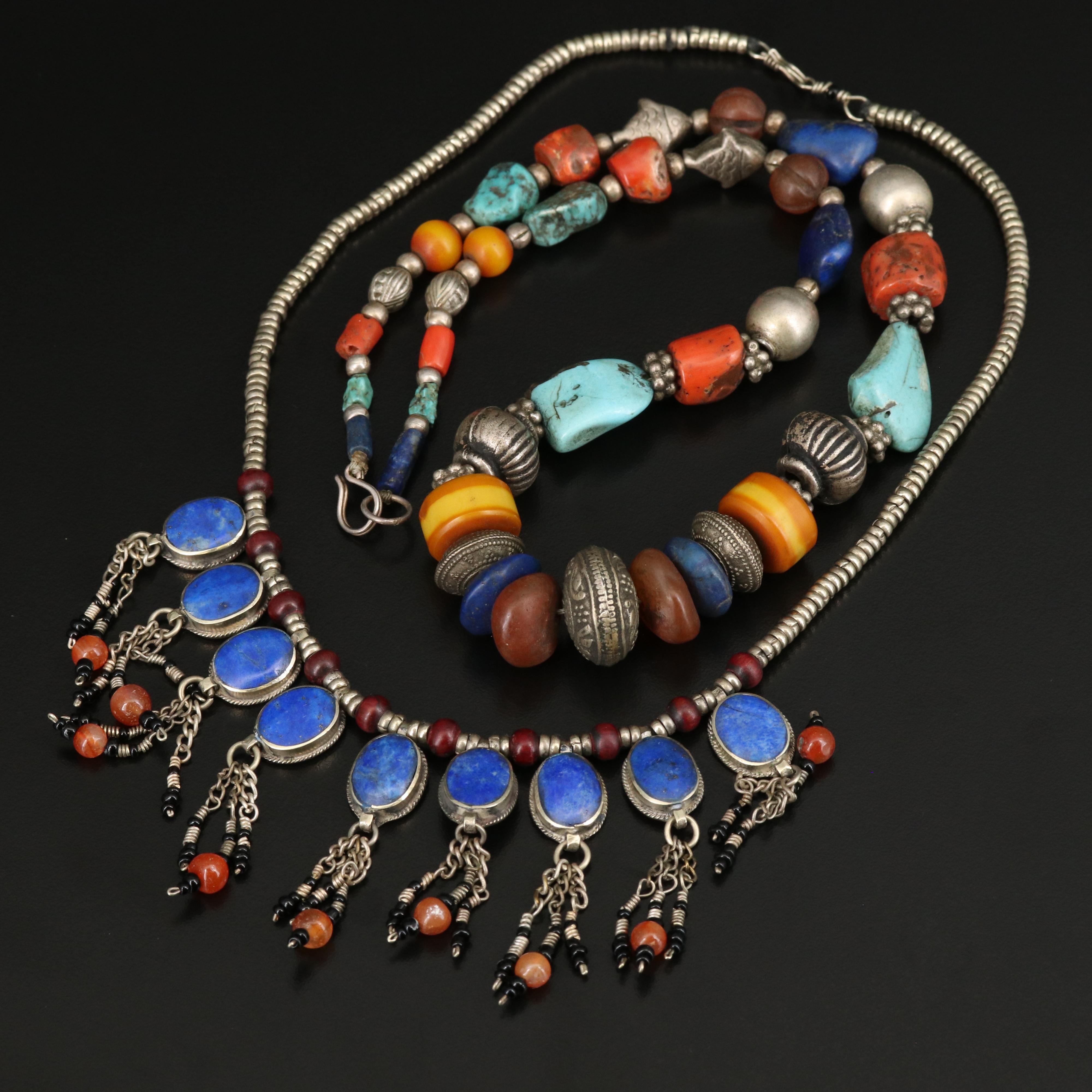 Afgani Fringa Necklaces with Coral, Lapis Lazuli and Agate