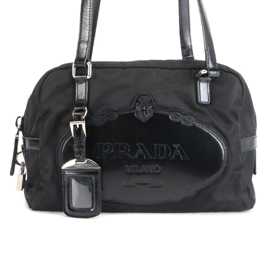 Prada Logo Satchel in Black Tessuto Nylon and Patent Leather