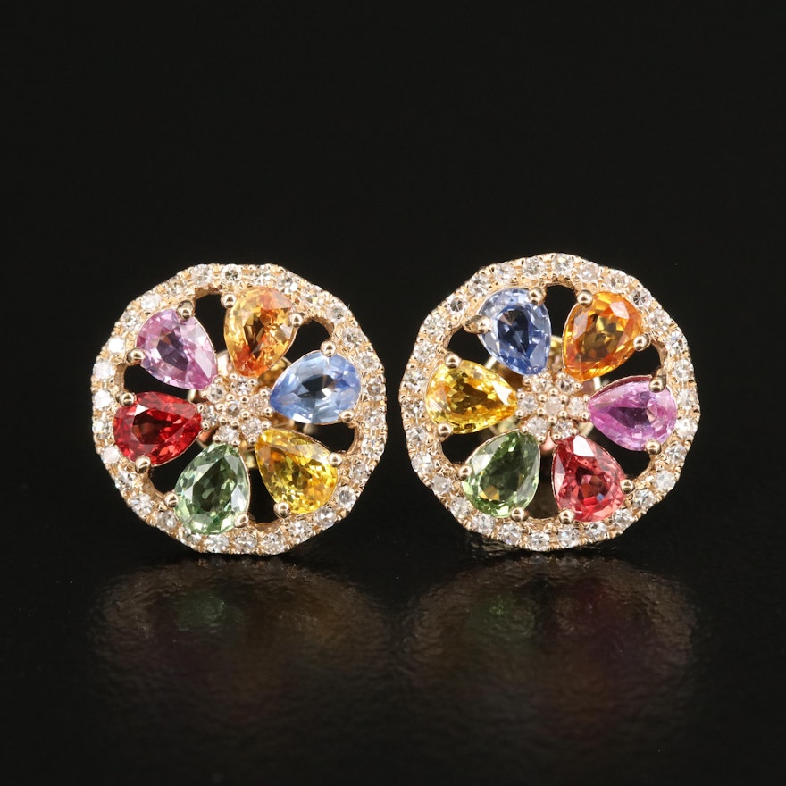 14K YELLOW GOLD DIAMOND, GREEN SAPPHIRE, ORANGE SAPPHIRE, PINK SAPPHIRE, NATURAL SAPPHIRE, YELLOW SAPPHIRE EARRINGS