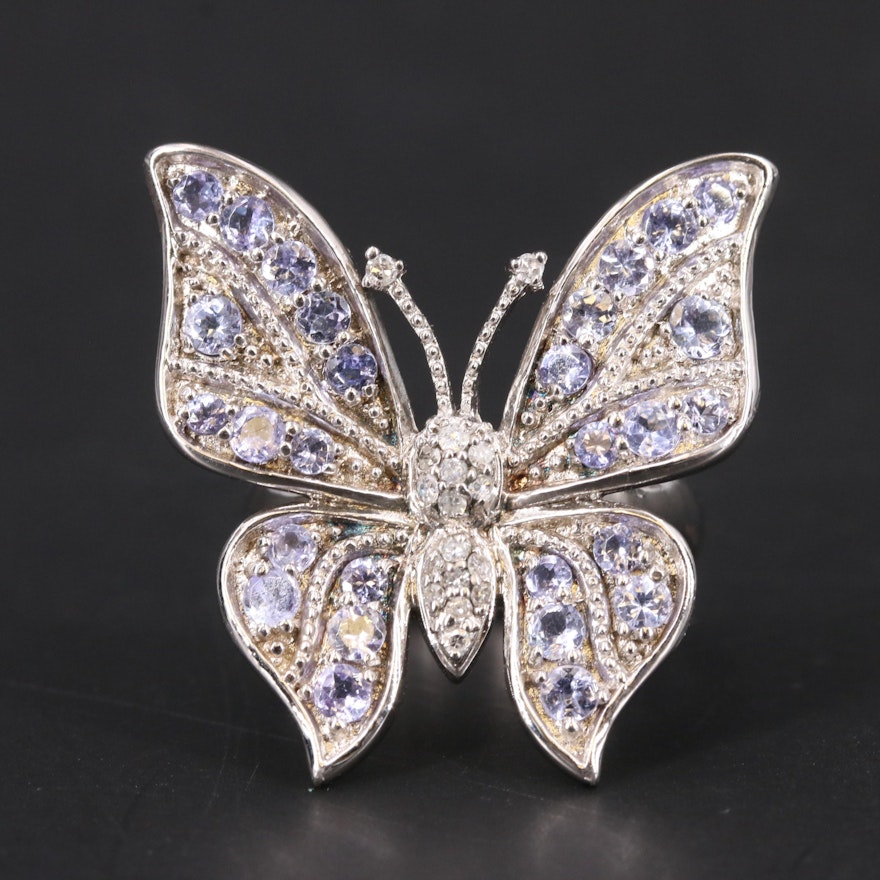 Sterling Tanzanite and Diamond Butterfly Ring