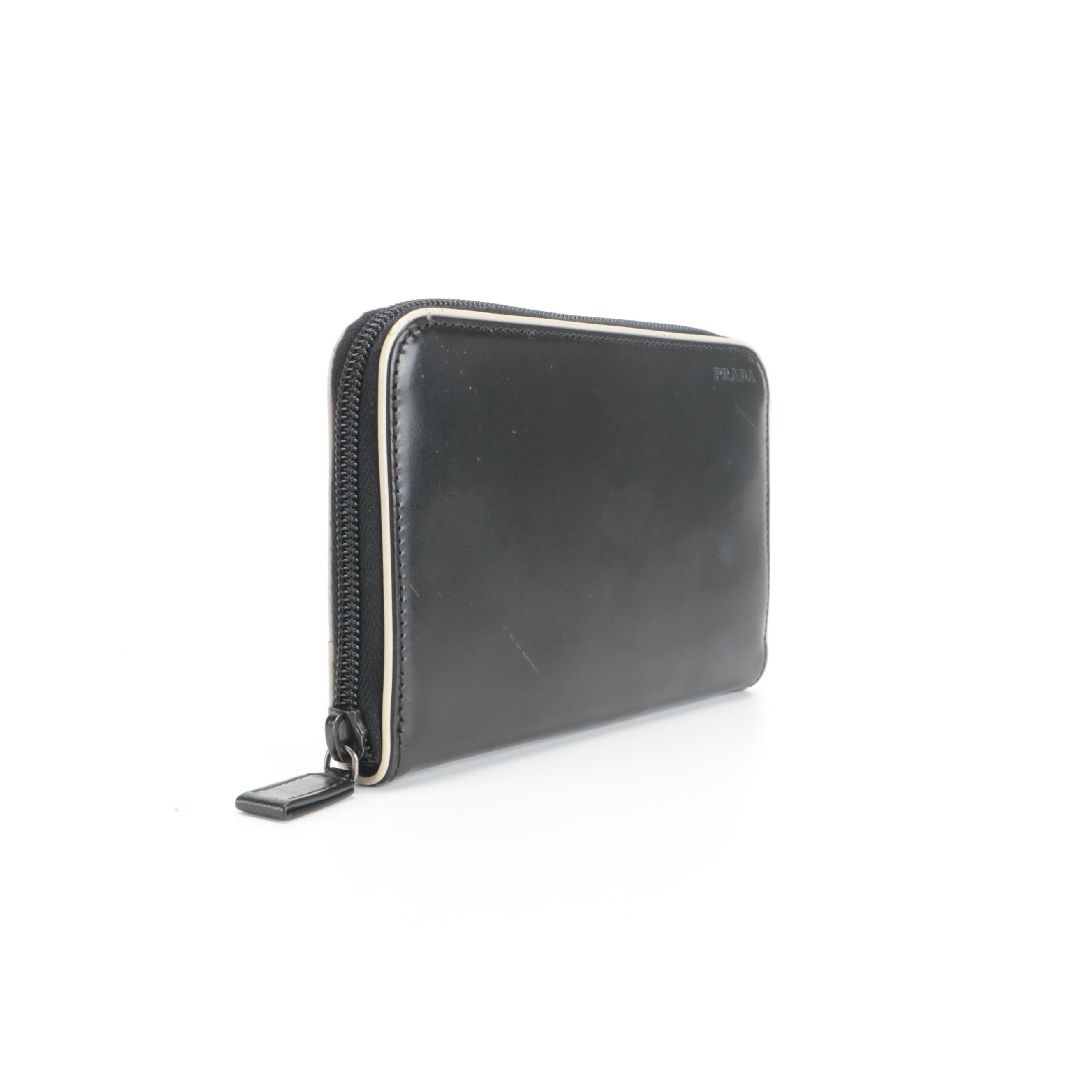 Prada Zip Continental Wallet in Glazed Black Leather with White Trim
