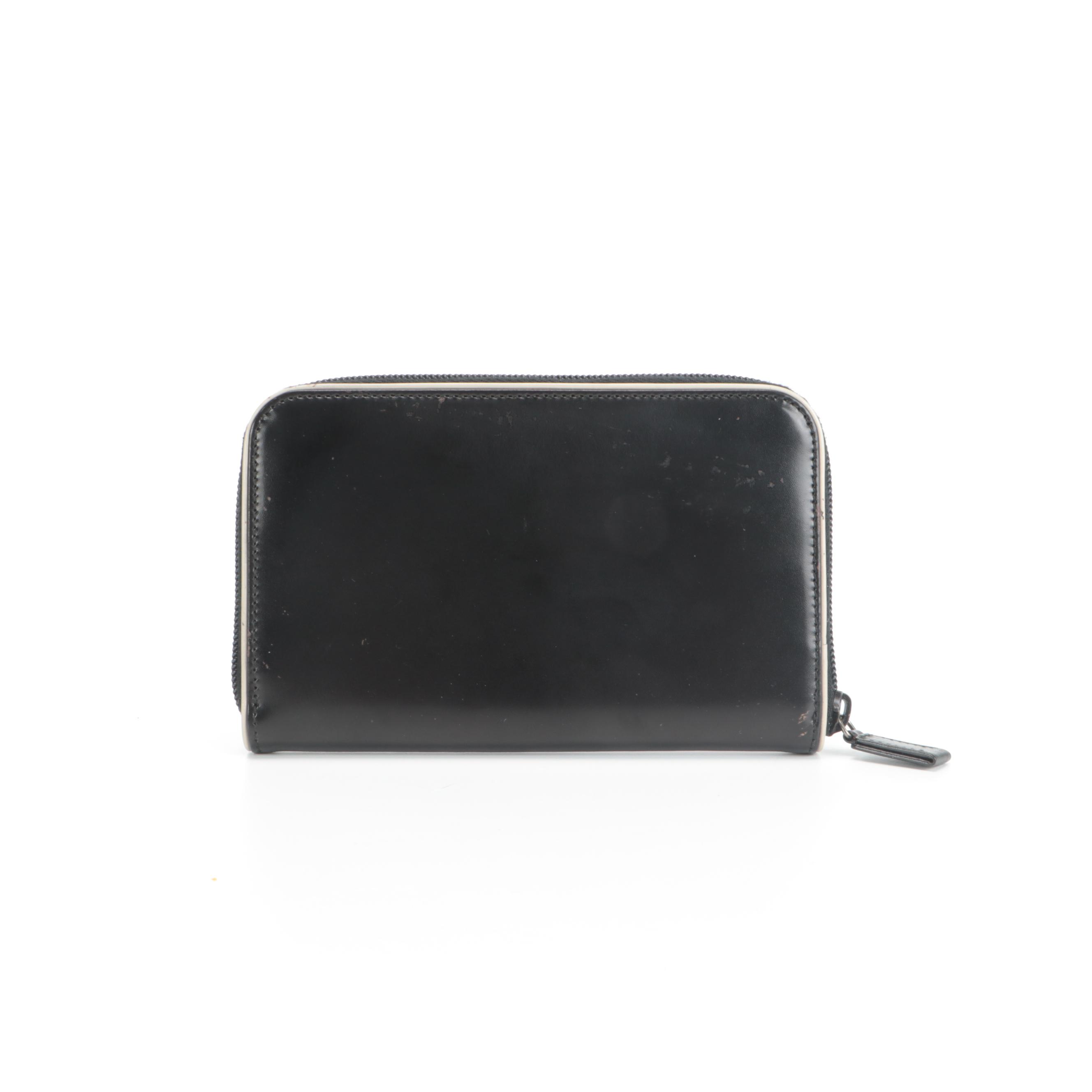 Prada Zip Continental Wallet in Glazed Black Leather with White Trim