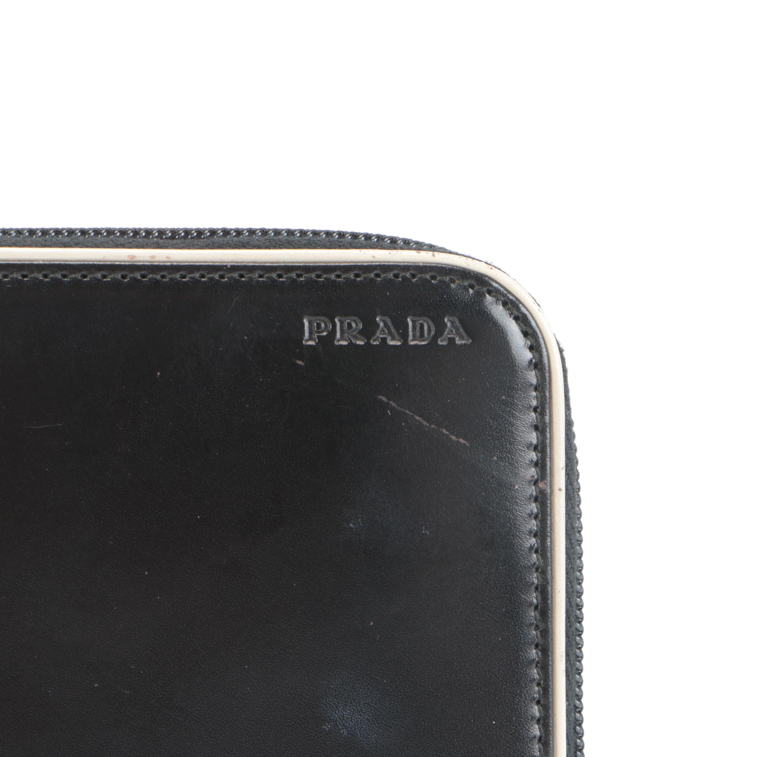 Prada Zip Continental Wallet in Glazed Black Leather with White Trim