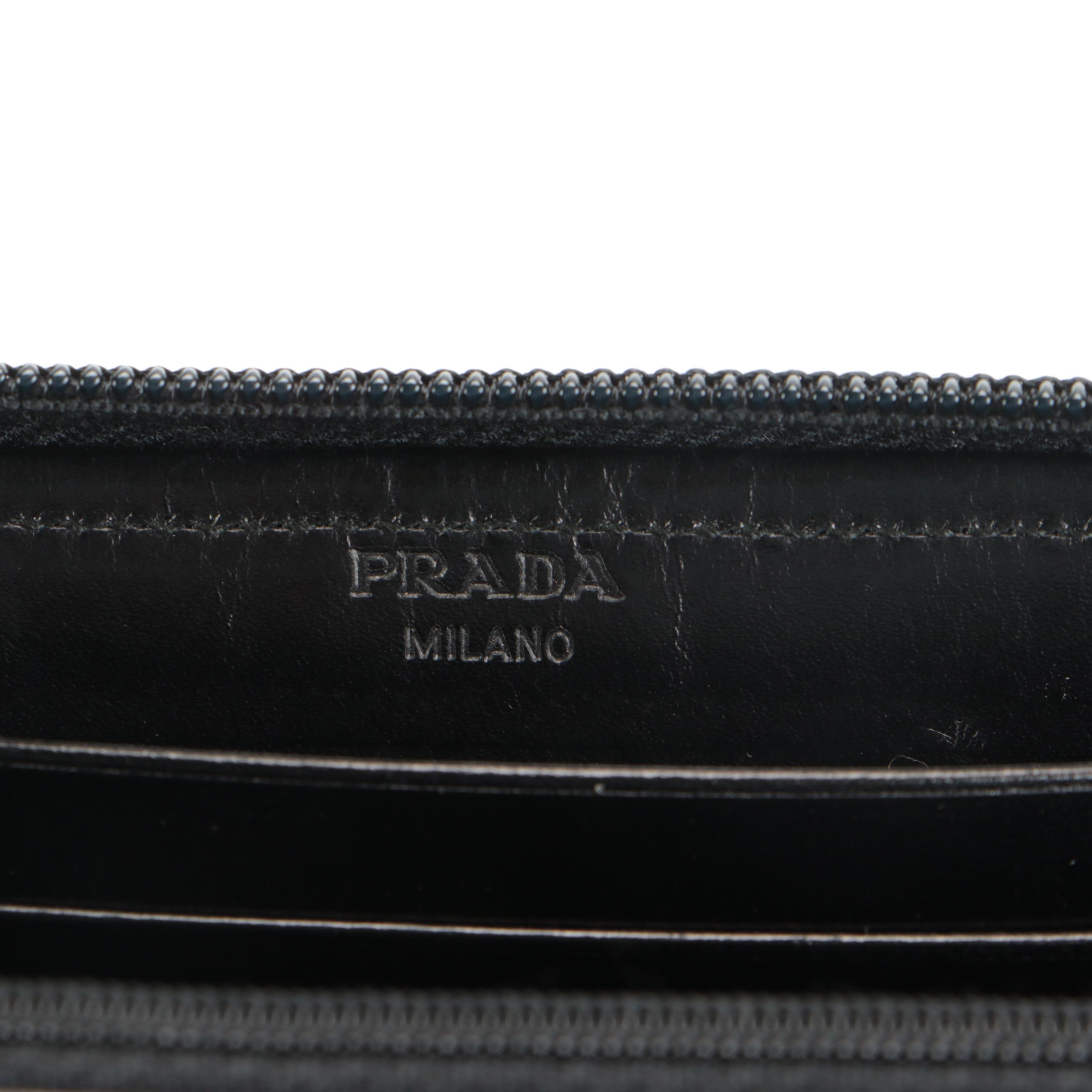 Prada Zip Continental Wallet in Glazed Black Leather with White Trim
