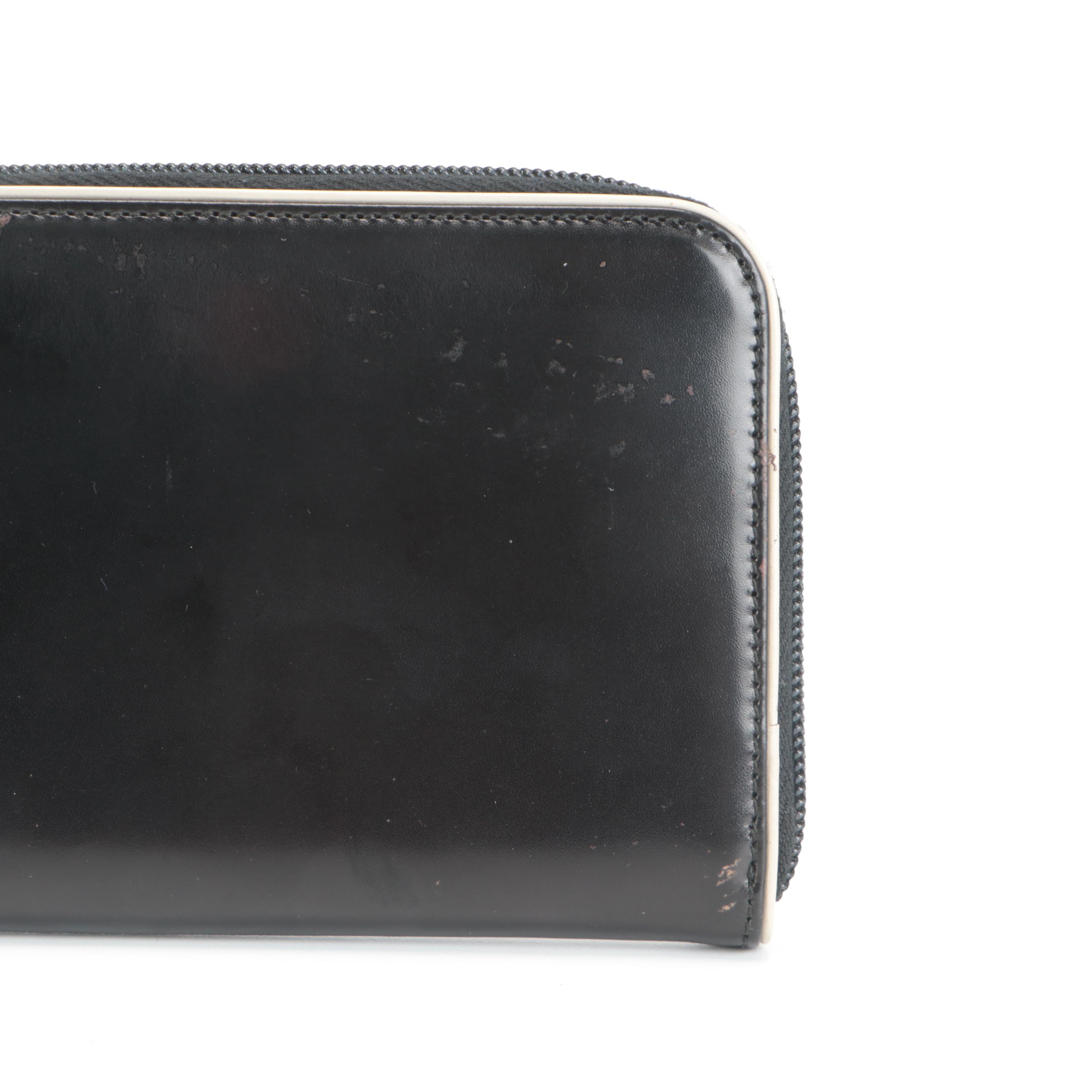 Prada Zip Continental Wallet in Glazed Black Leather with White Trim