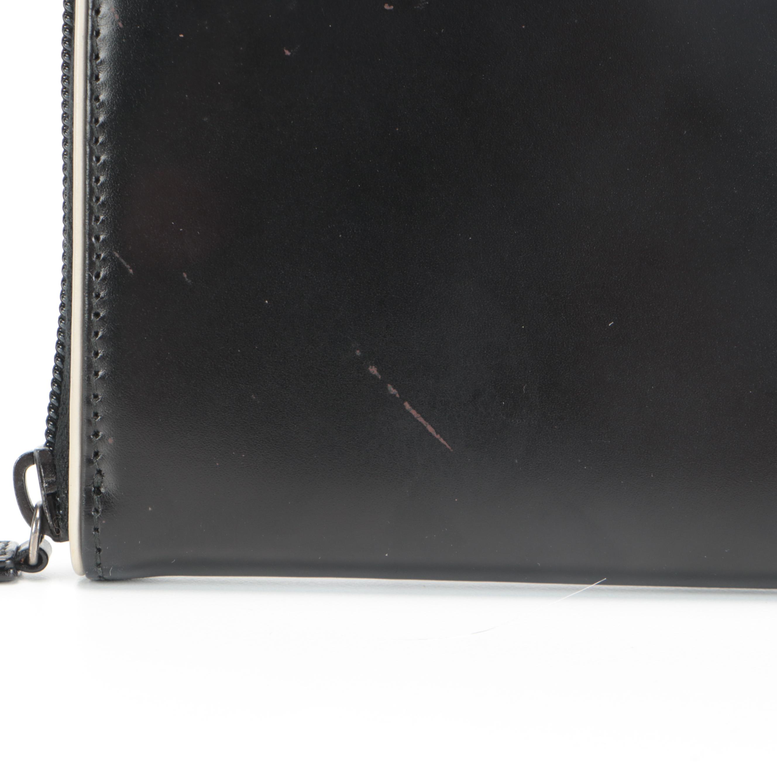 Prada Zip Continental Wallet in Glazed Black Leather with White Trim