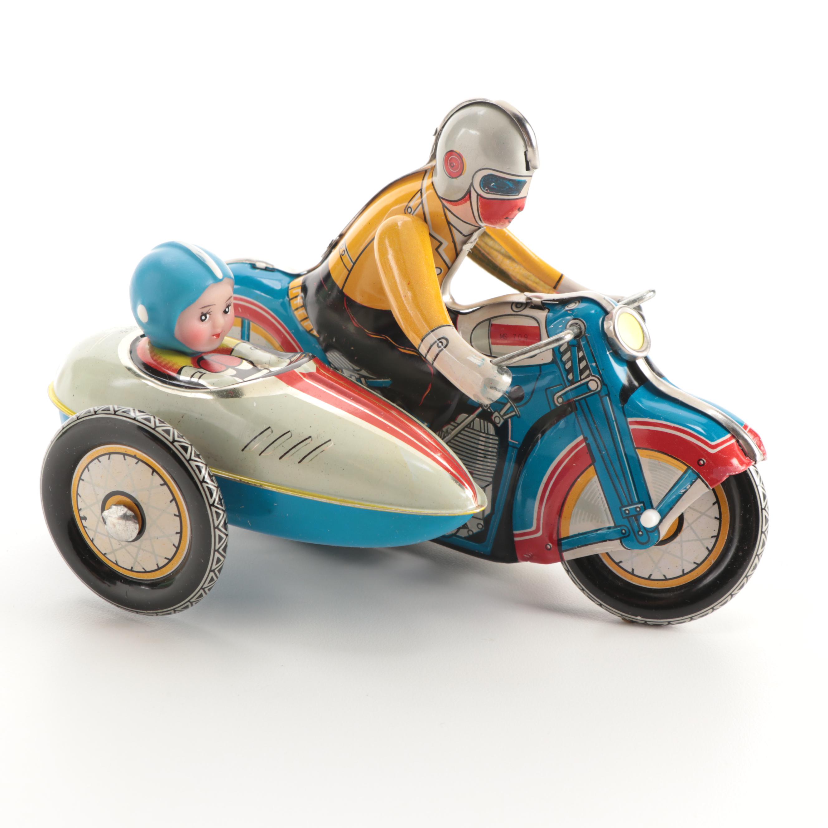 Clockwork MS-709 Wind Up Tin Toy Motorcycle with Sidecar, Vintage