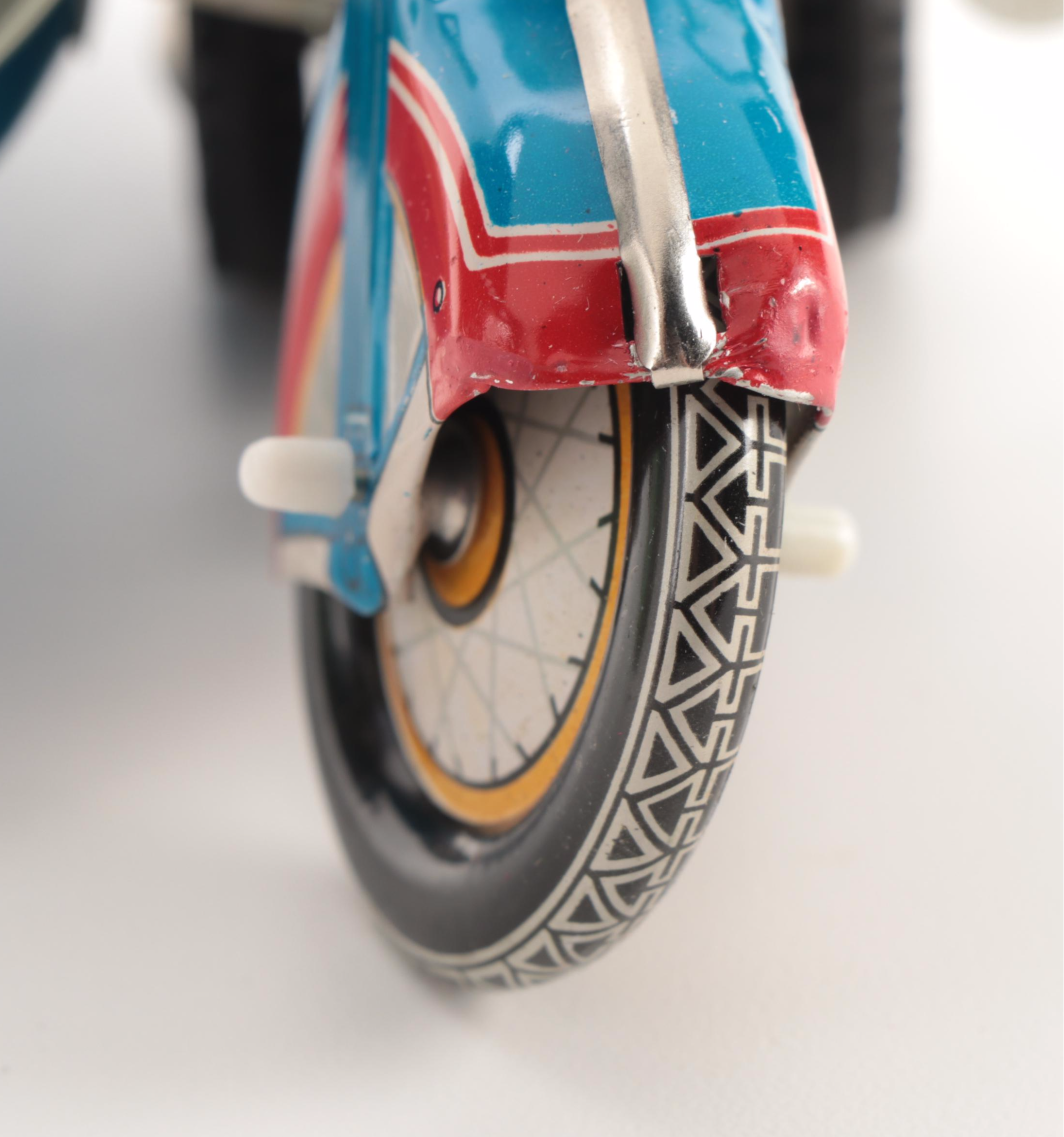 Clockwork MS-709 Wind Up Tin Toy Motorcycle with Sidecar, Vintage