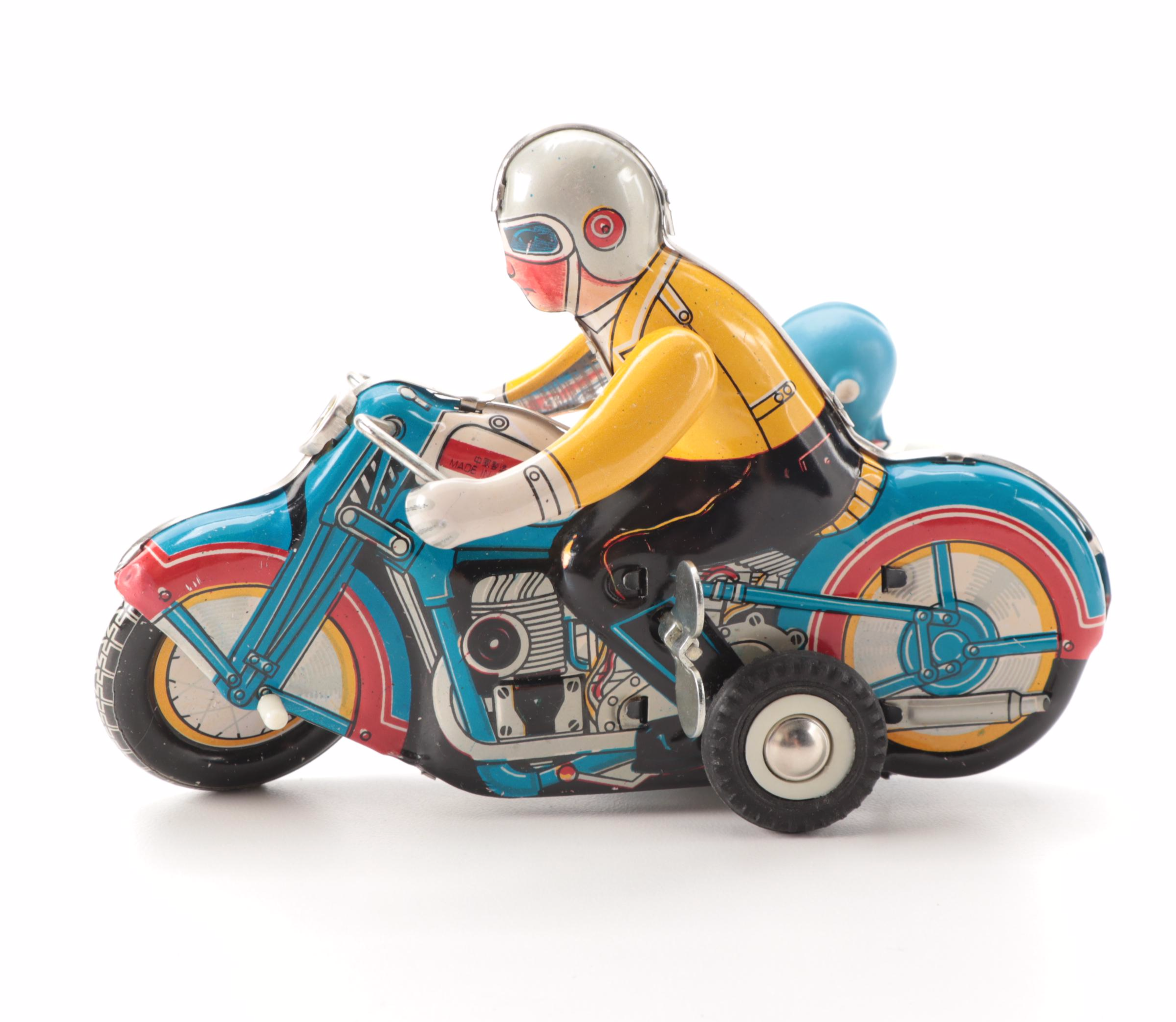 Clockwork MS-709 Wind Up Tin Toy Motorcycle with Sidecar, Vintage