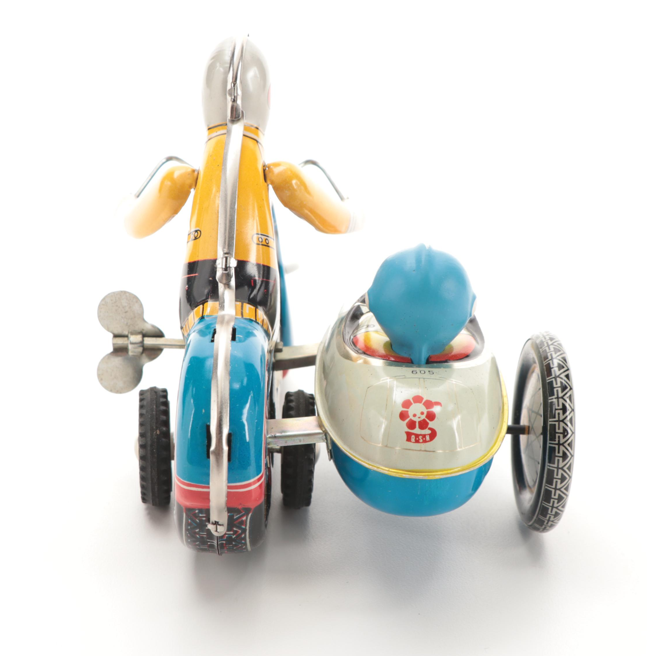 Clockwork MS-709 Wind Up Tin Toy Motorcycle with Sidecar, Vintage