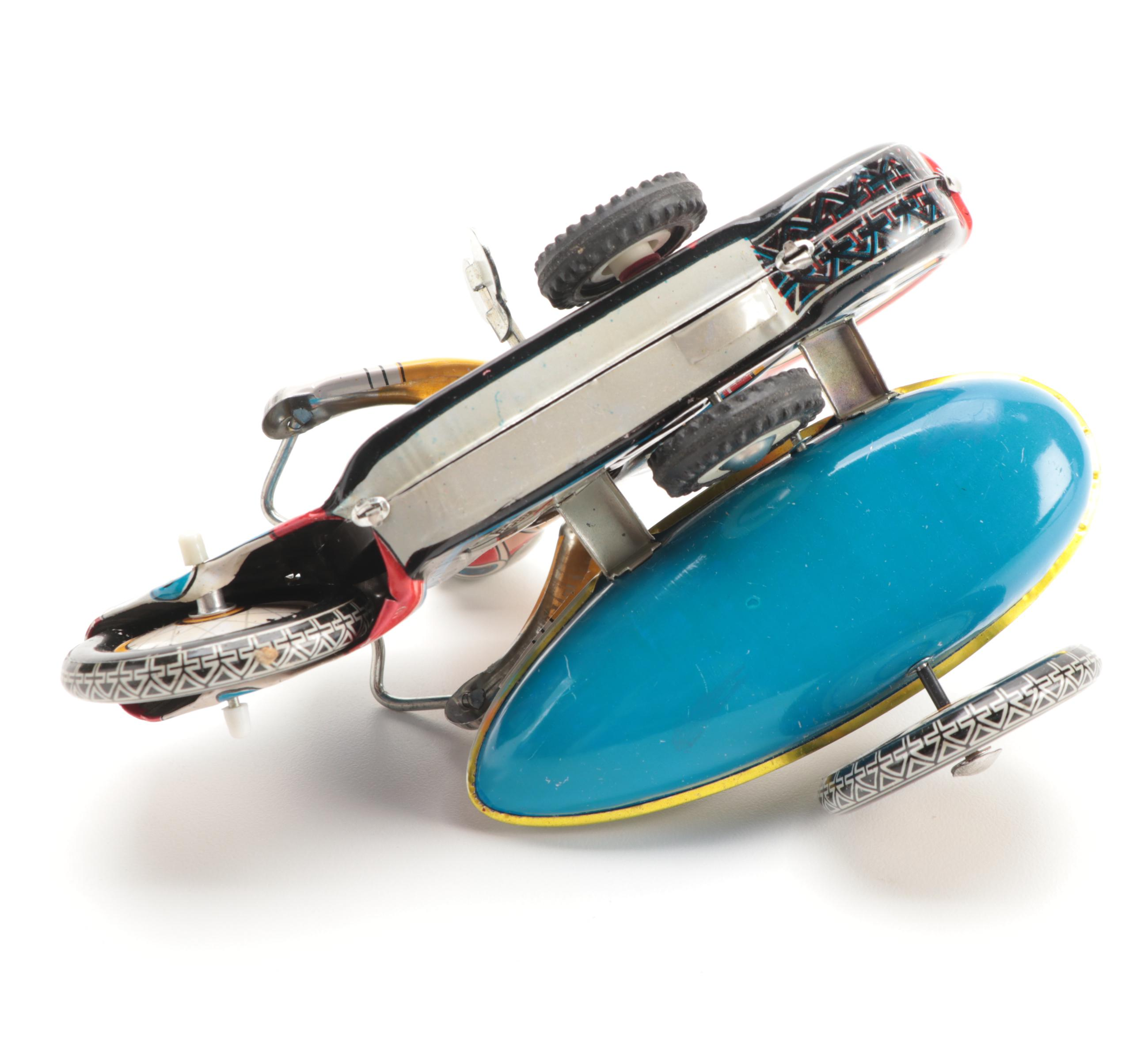 Clockwork MS-709 Wind Up Tin Toy Motorcycle with Sidecar, Vintage