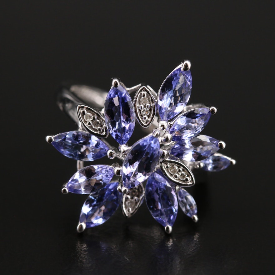 Sterling Silver Tanzanite and Diamond Cluster Ring