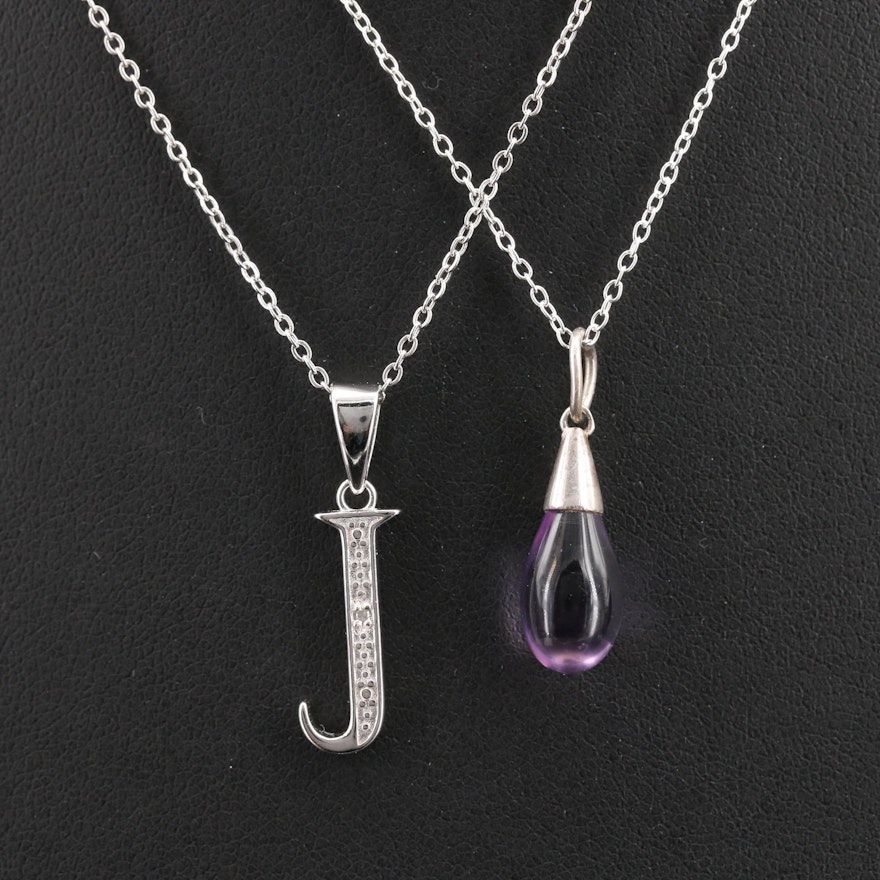 Sterling Necklaces with "J" Letter and Amethyst Drop Pendants
