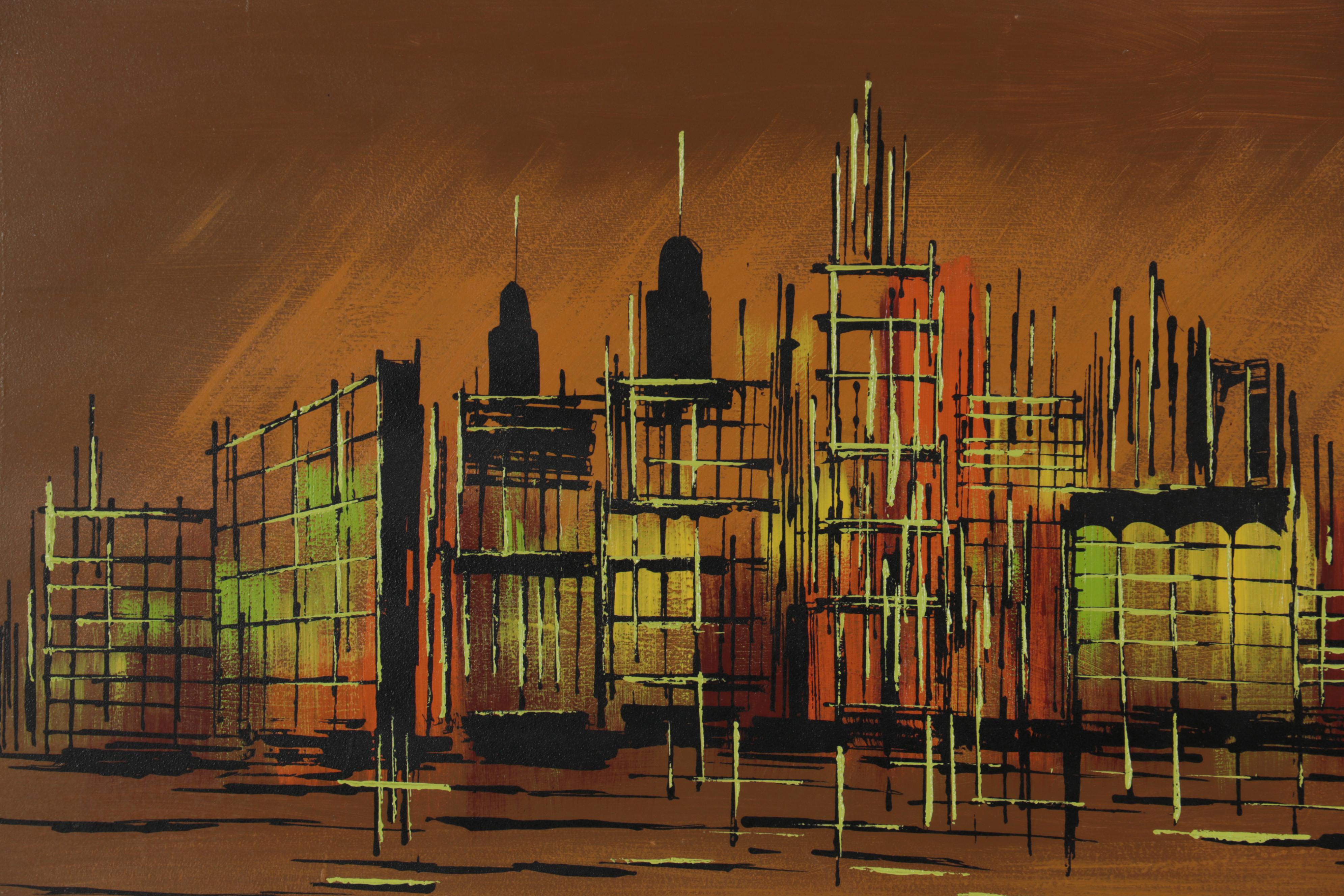 Abstract Cityscape Oil Painting of Skyline, Late 20th Century