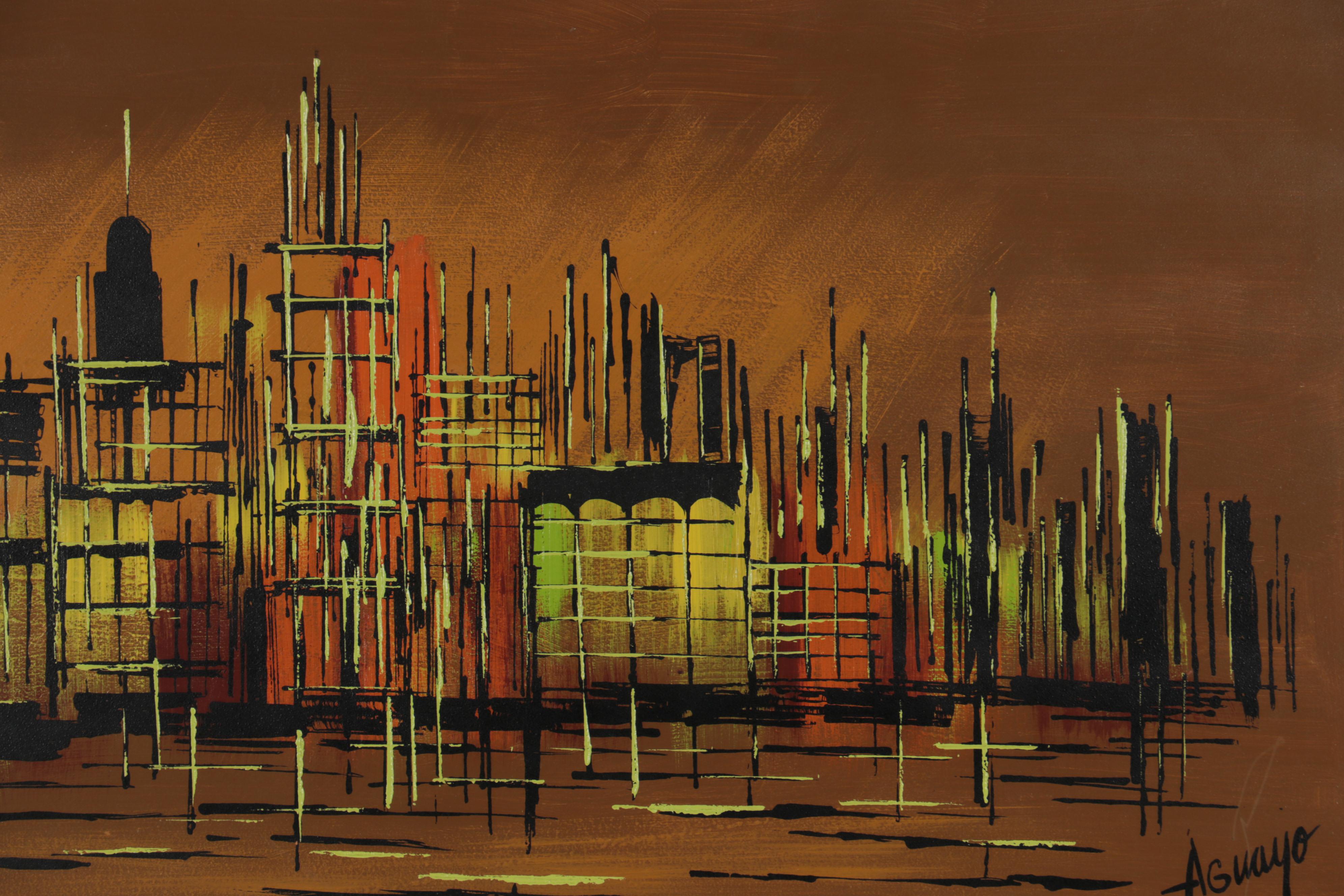 Abstract Cityscape Oil Painting of Skyline, Late 20th Century