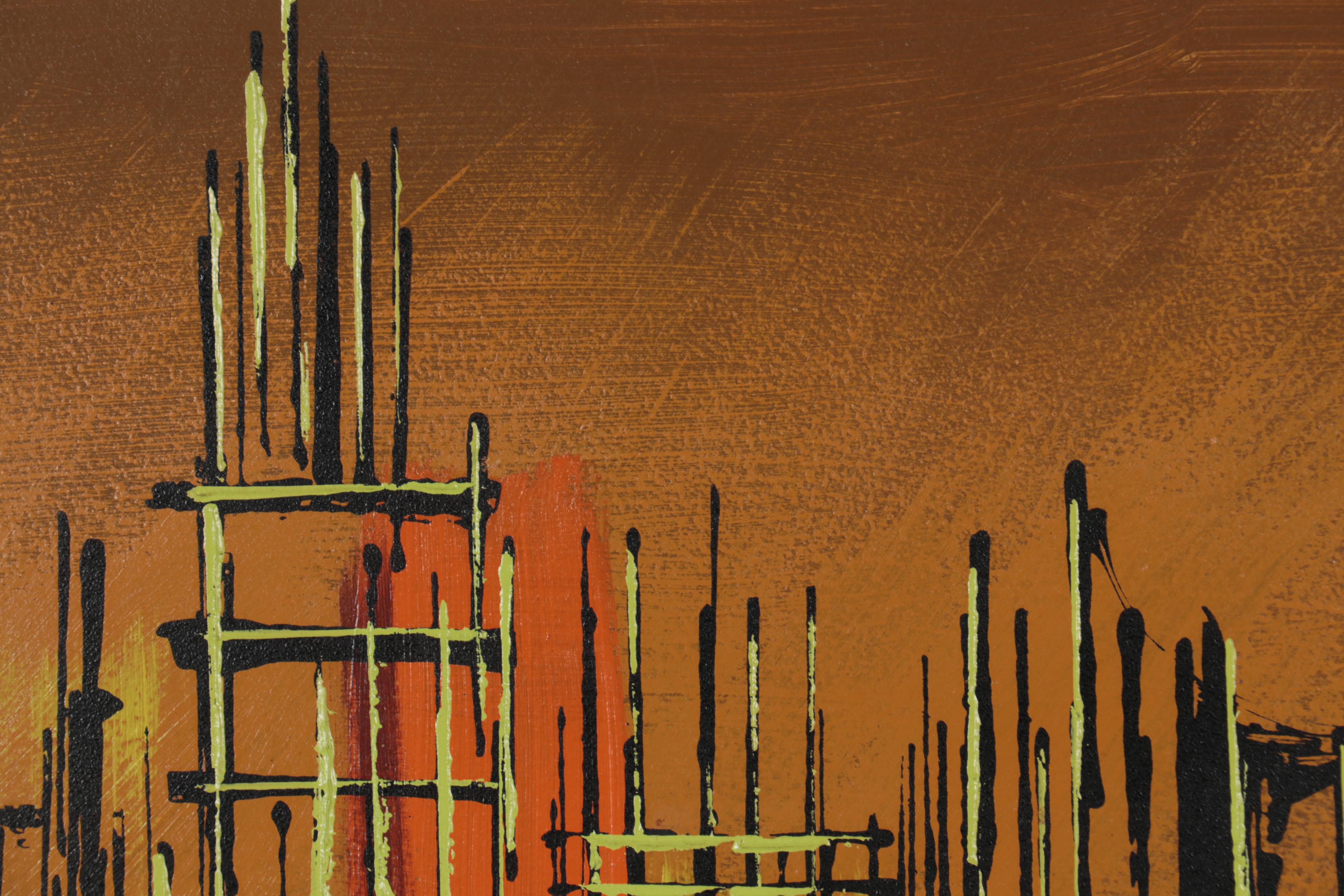 Abstract Cityscape Oil Painting of Skyline, Late 20th Century