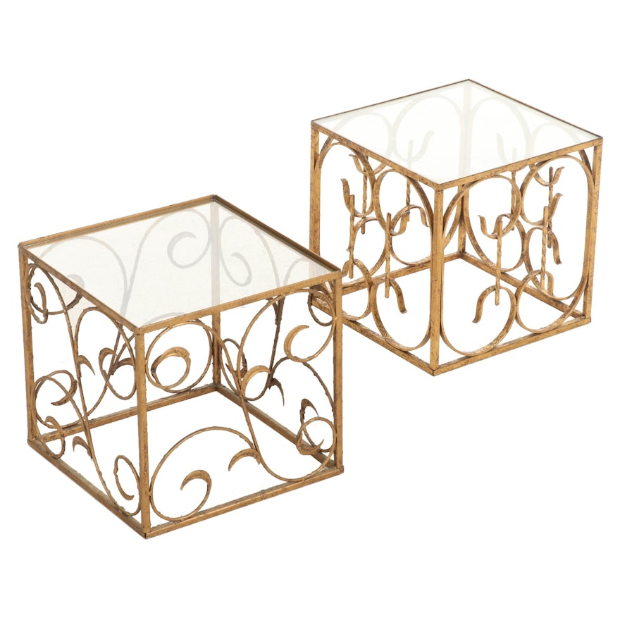 Pair of Scrolled Gilt Metal and Glass Top Cube End Tables