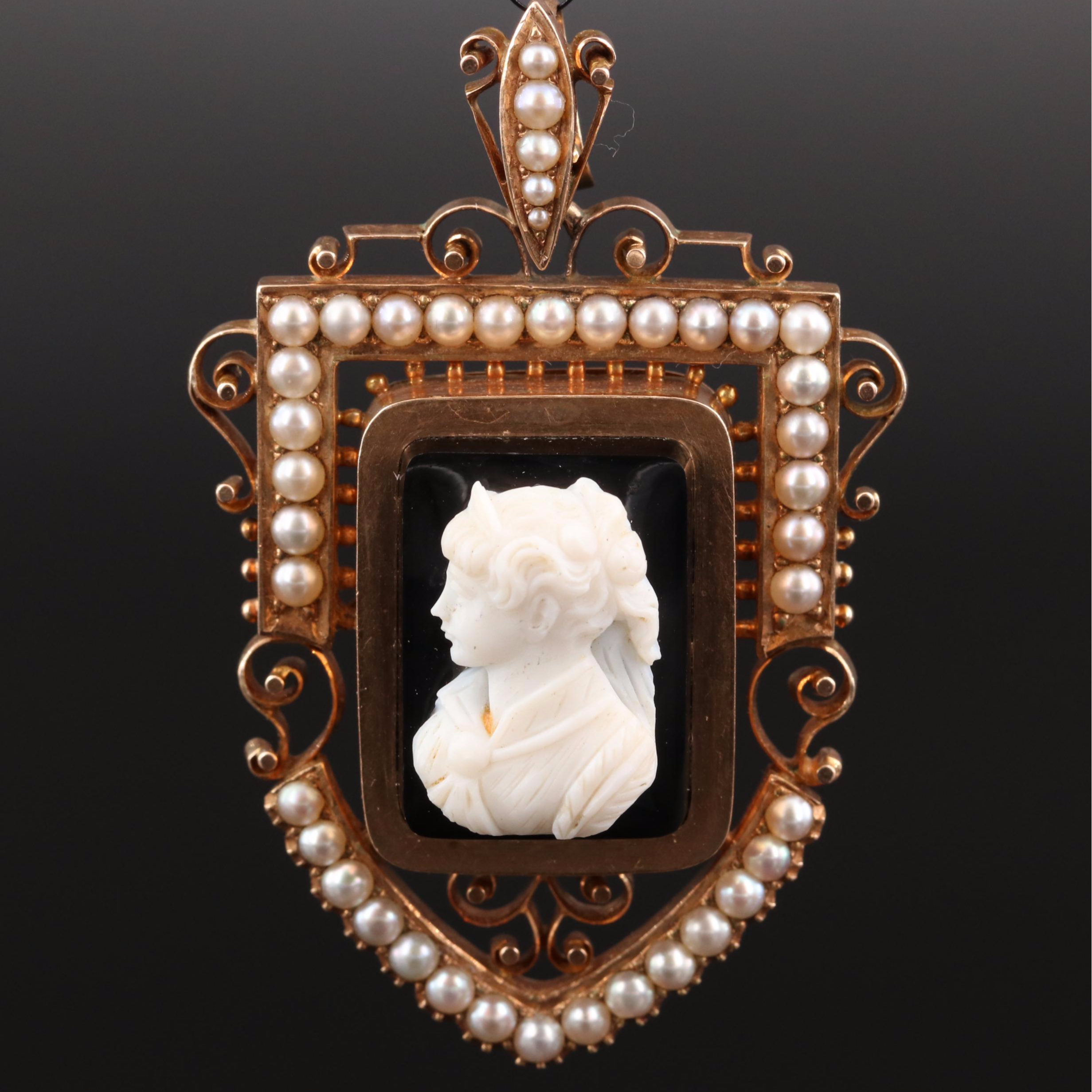 Mid-Victorian 14K Onyx and Pearl Cameo Pendant