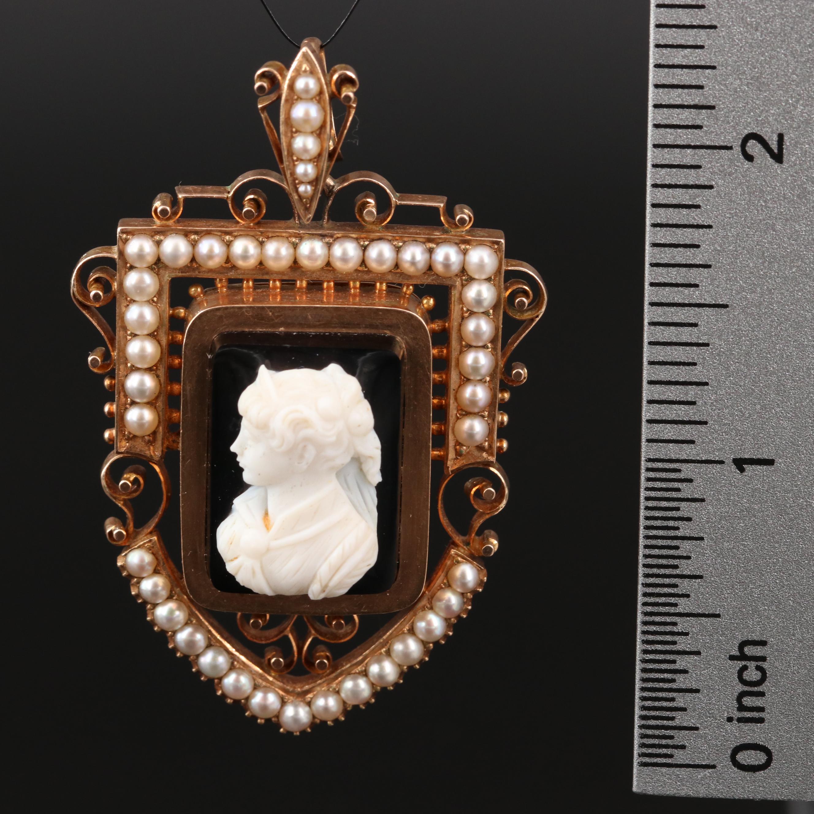Mid-Victorian 14K Onyx and Pearl Cameo Pendant