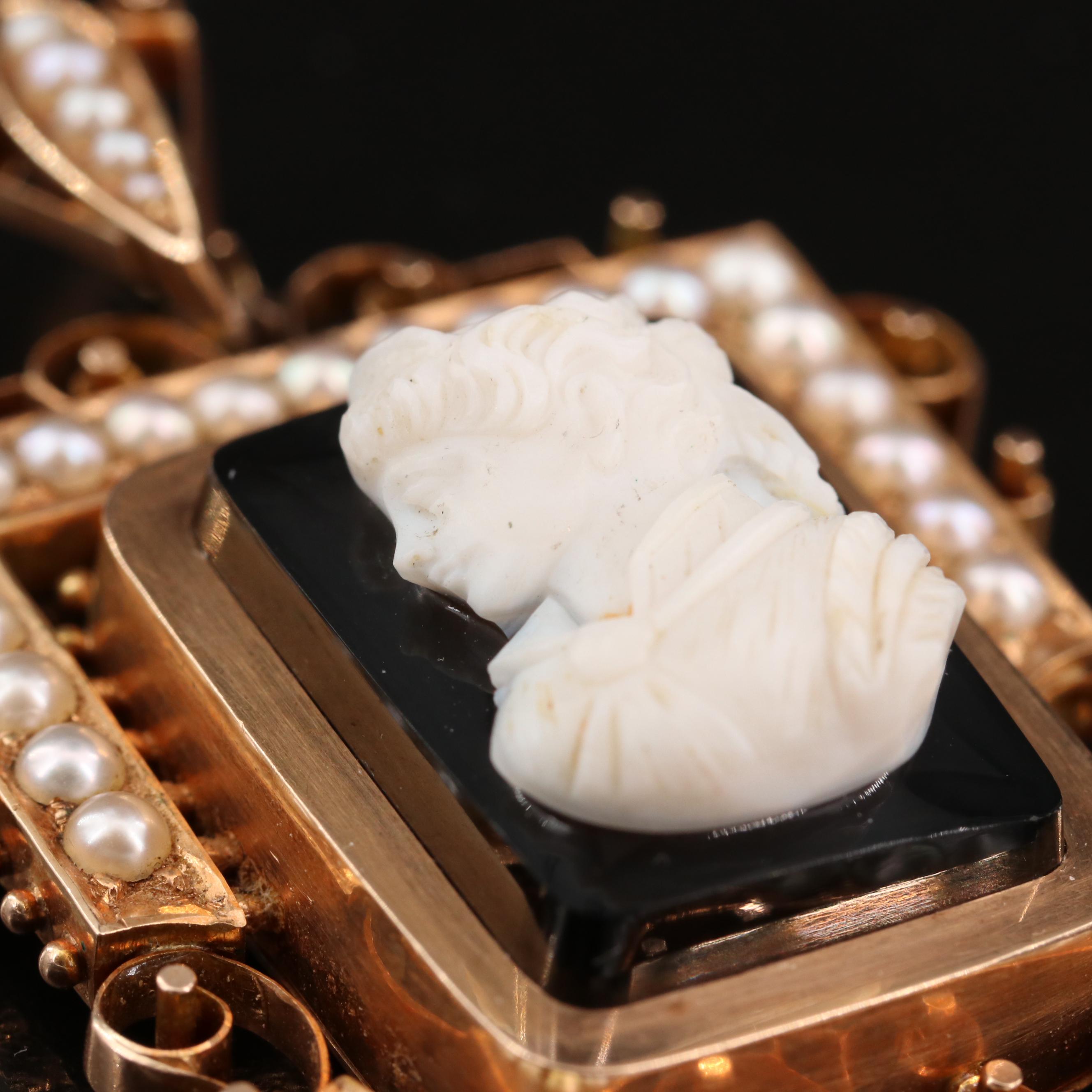 Mid-Victorian 14K Onyx and Pearl Cameo Pendant