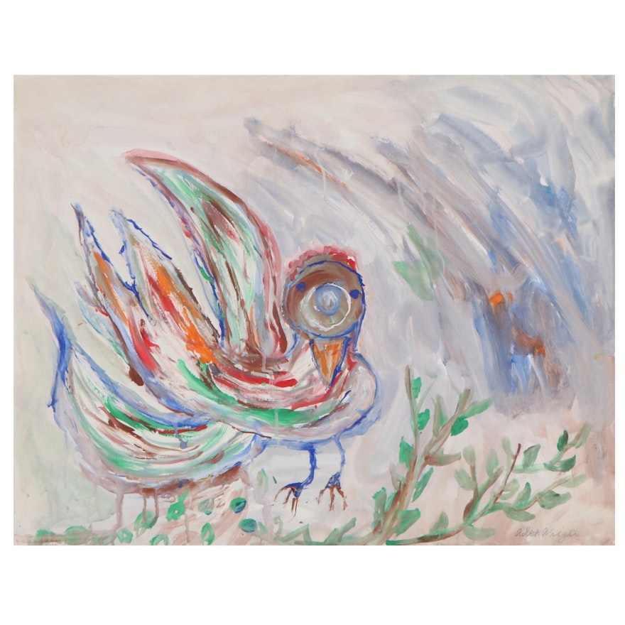 Robert Wright Folk Art Acrylic Painting of a Bird, 20th Century