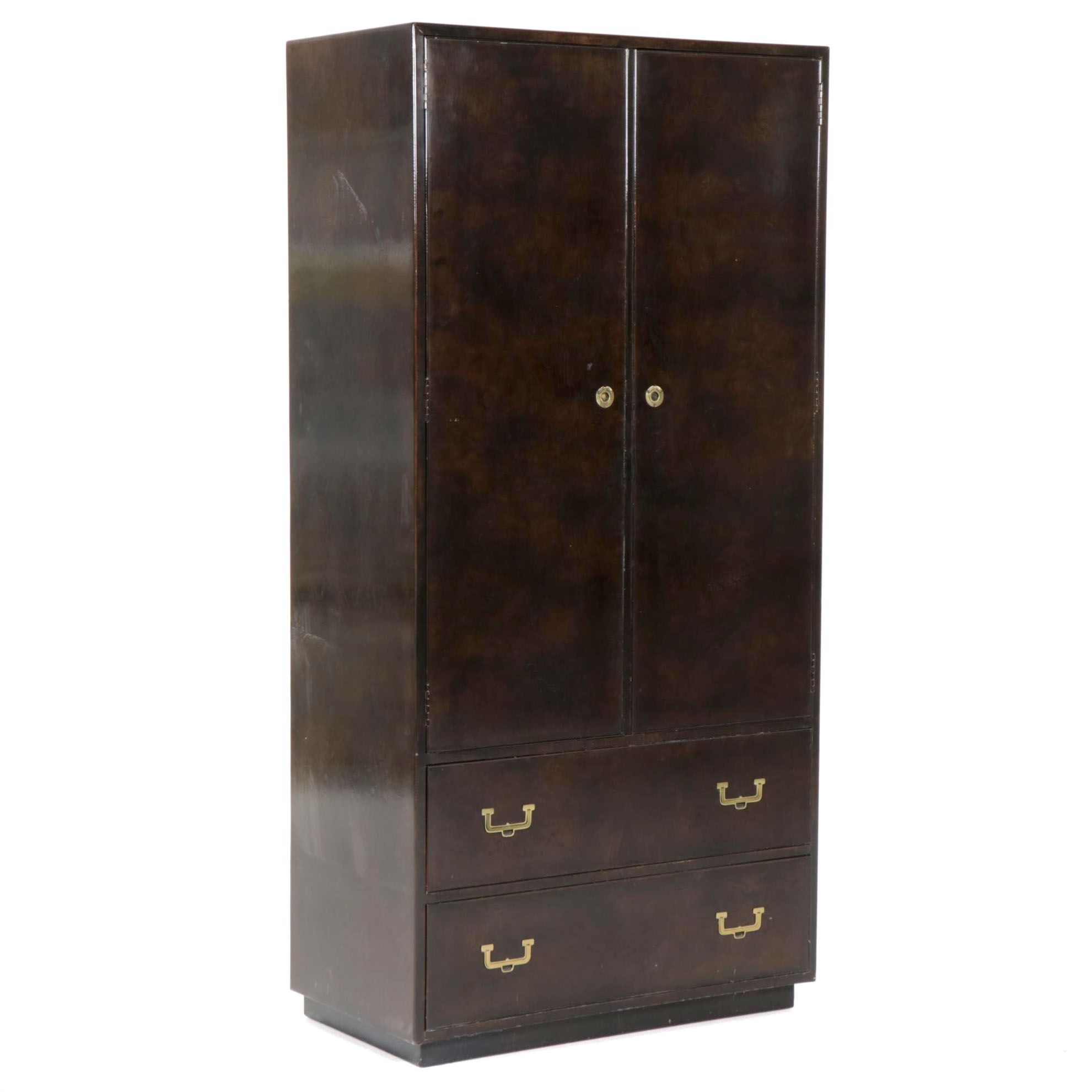 John Widdicomb Campaign Style Burlwood Clothes Press, Mid to Late 20th C.