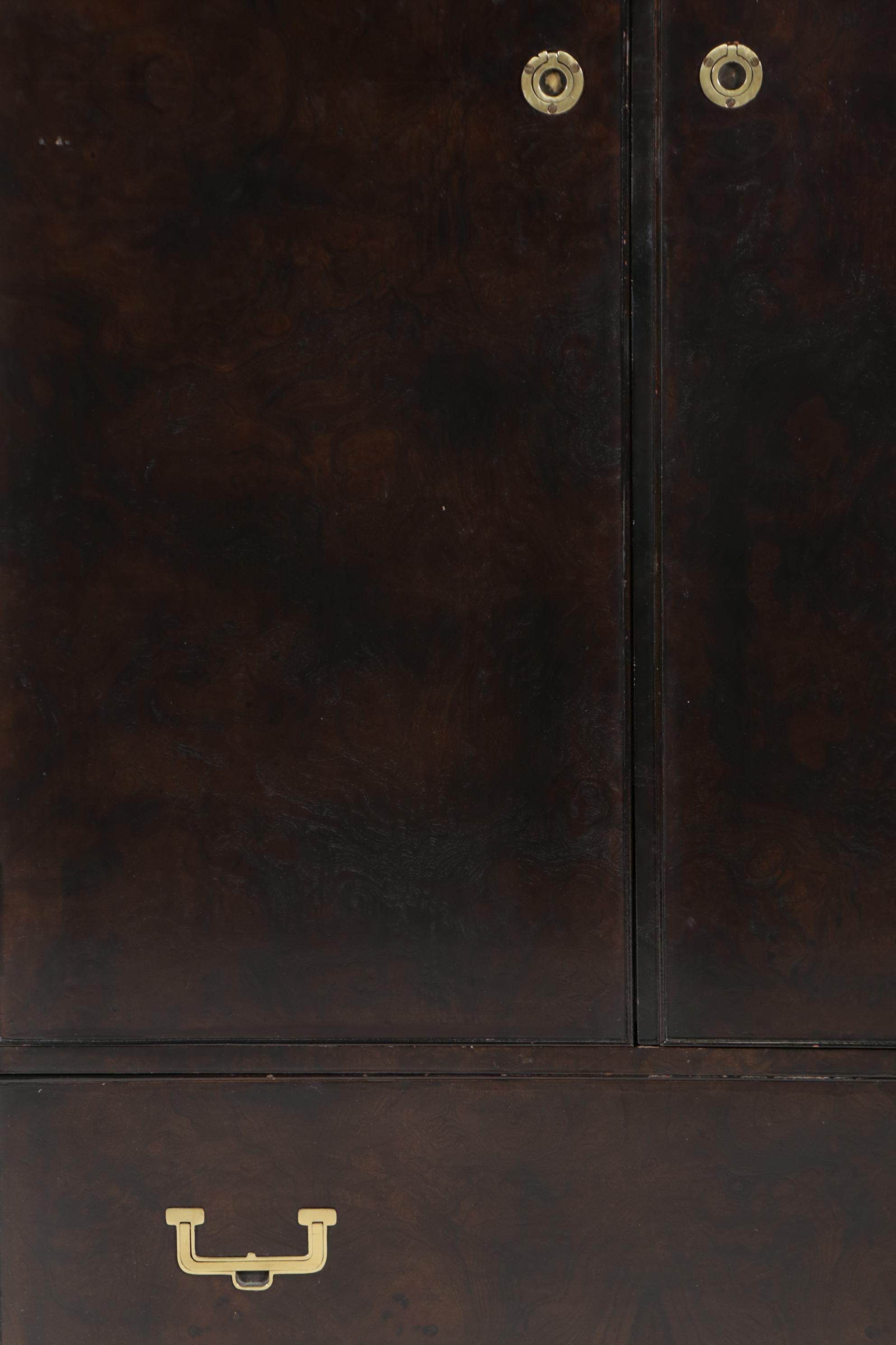 John Widdicomb Campaign Style Burlwood Clothes Press, Mid to Late 20th C.