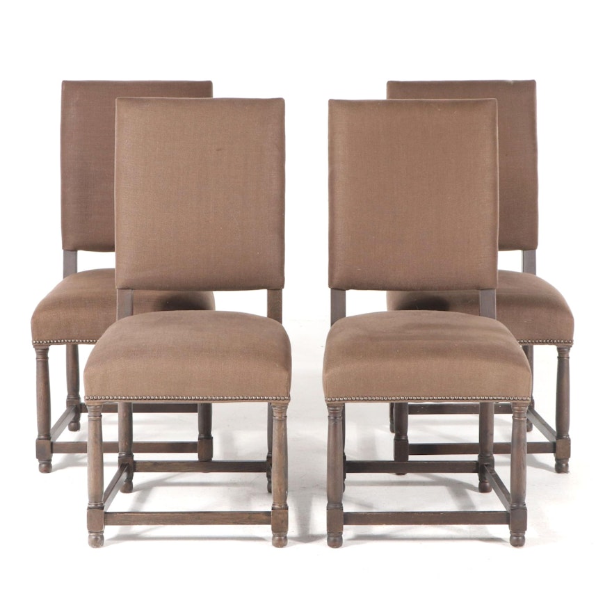 Four Restoration Hardware "Empire Parsons" Upholstered Oak Side Chairs