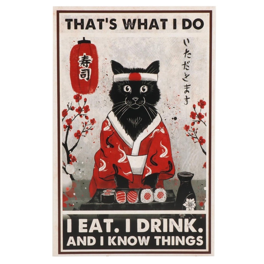 Black Cat Eating Sushi Giclée, 21st Century