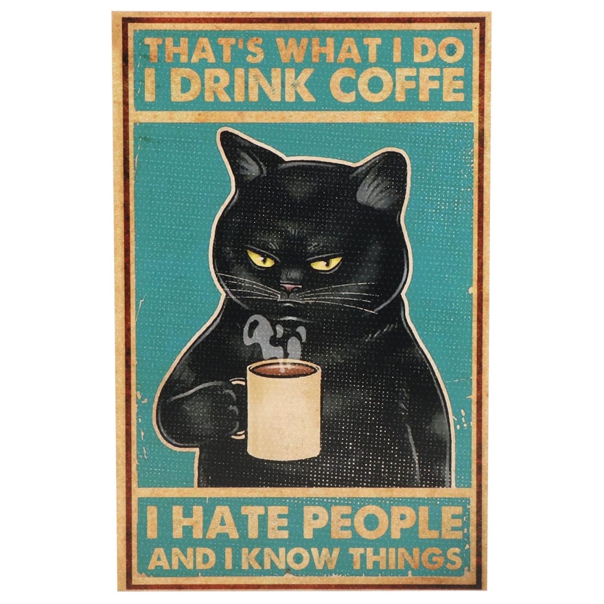 Black Cat Drinking Coffee Giclée, 21st Century