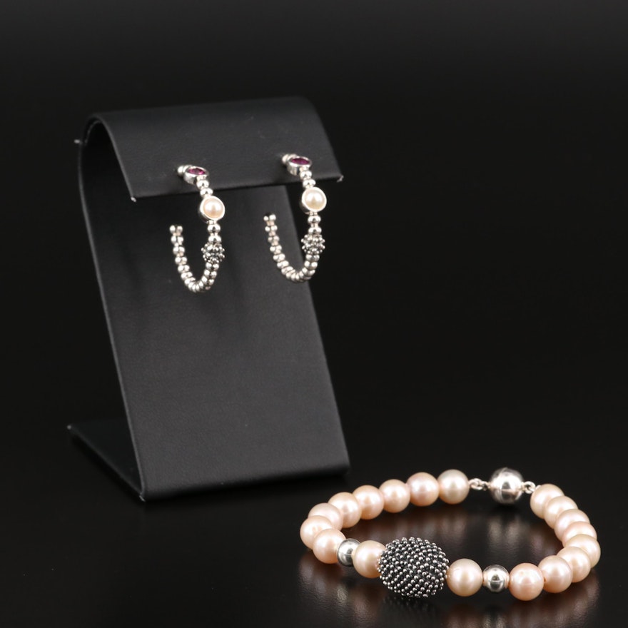 Michael Dawkins Pearl Bracelet and Rhodolite Garnet Earrings