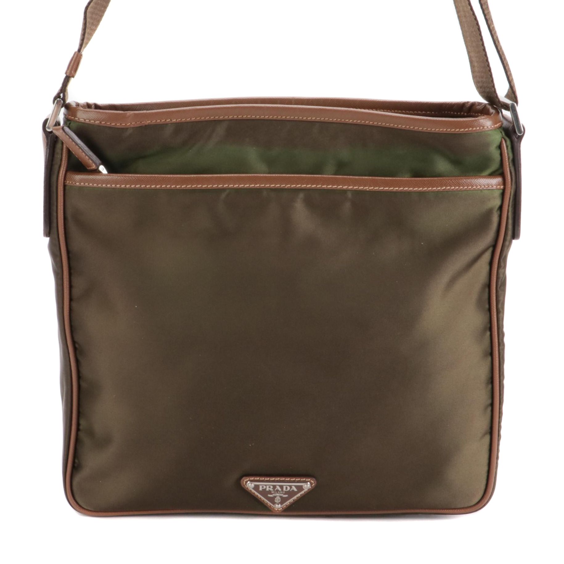 Prada Crossbody Bag in Green Tessuto Nylon with Brown Saffiano Leather Trim