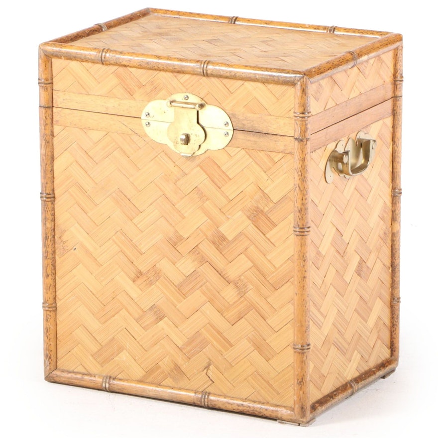 Brass-Mounted Bamboo, Splint-Woven Bamboo, and Wood Hinged-Lid Chest