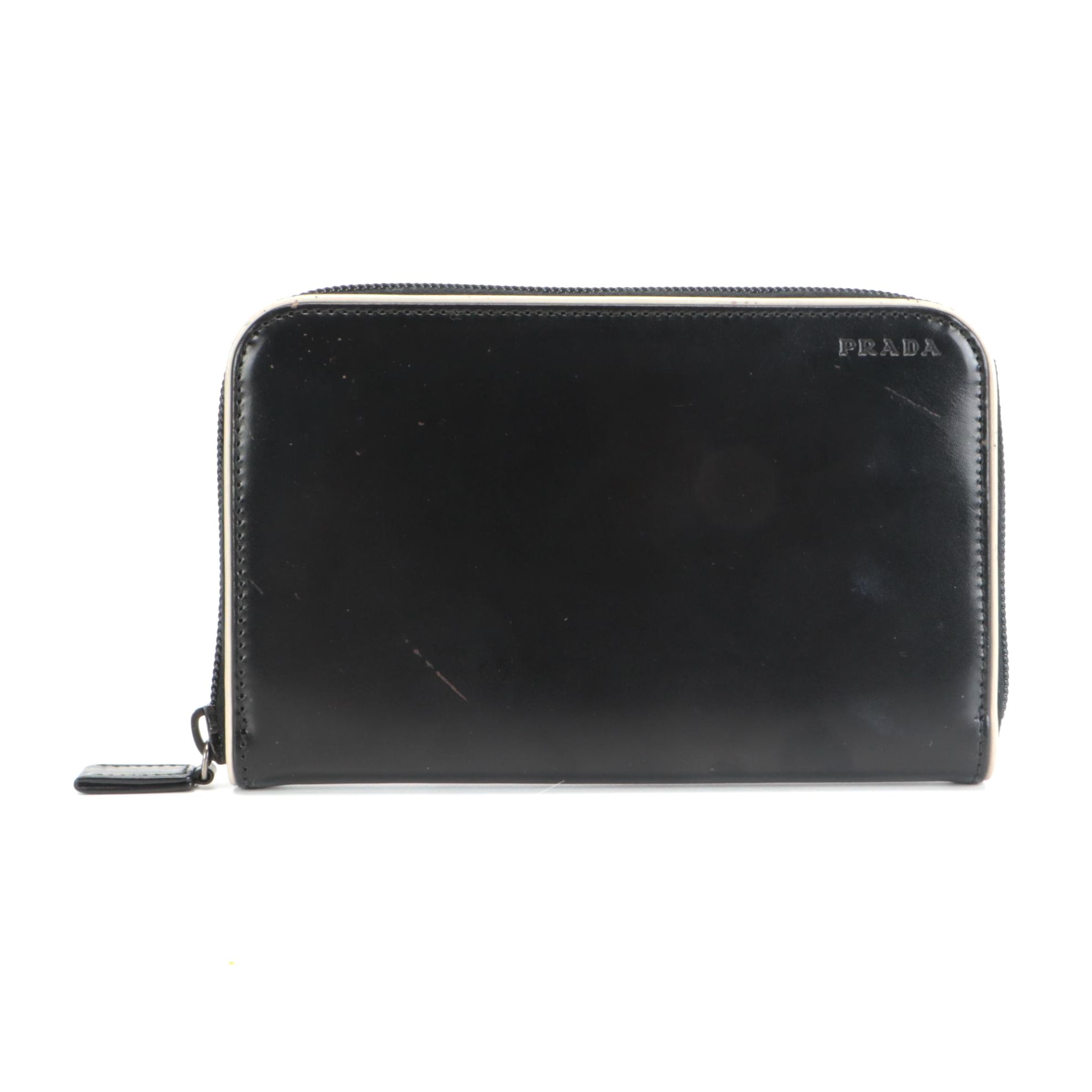 Prada Zip Continental Wallet in Glazed Black Leather with White Trim