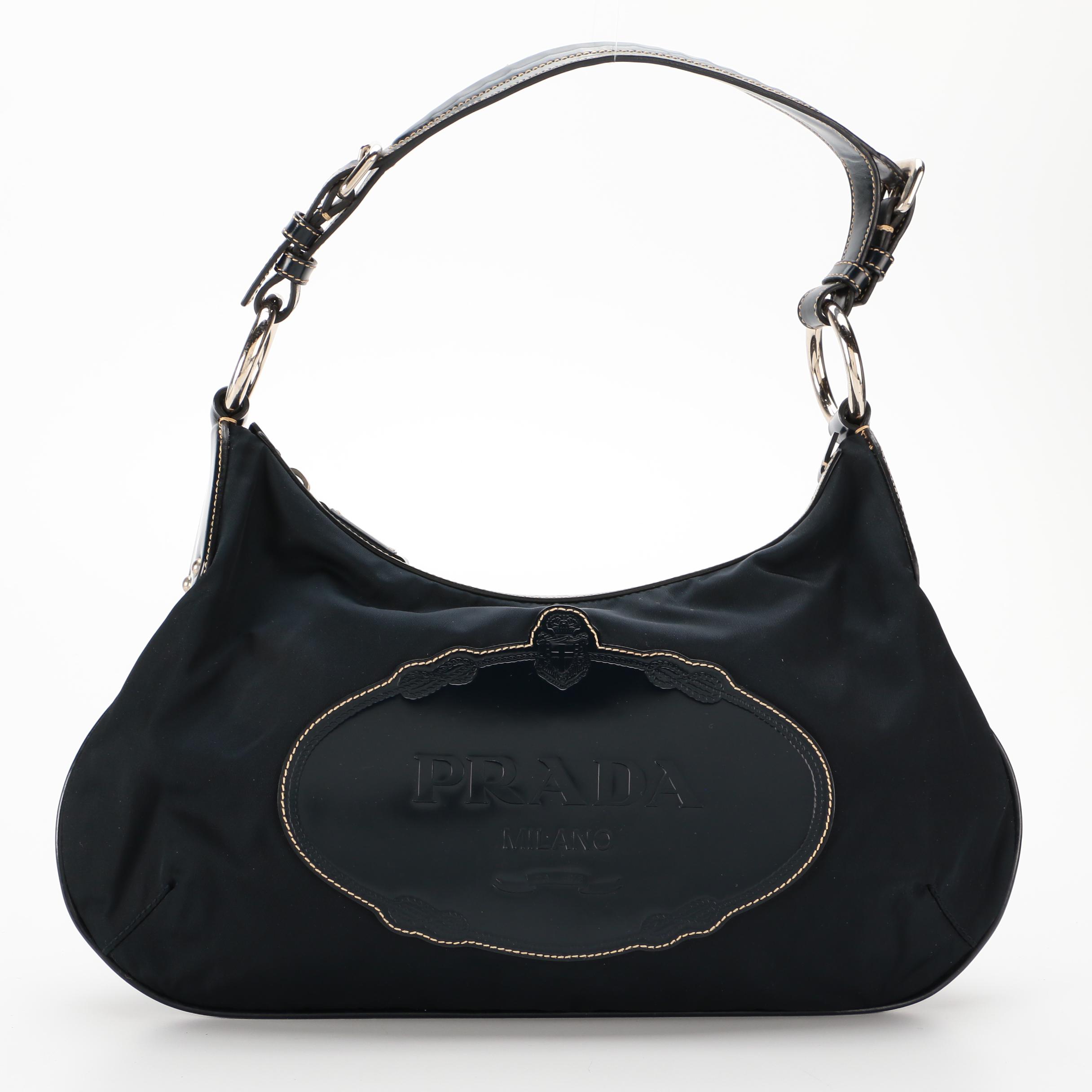 Prada Navy Nylon and Leather Embossed Logo Shoulder Bag with Contrast Stitching