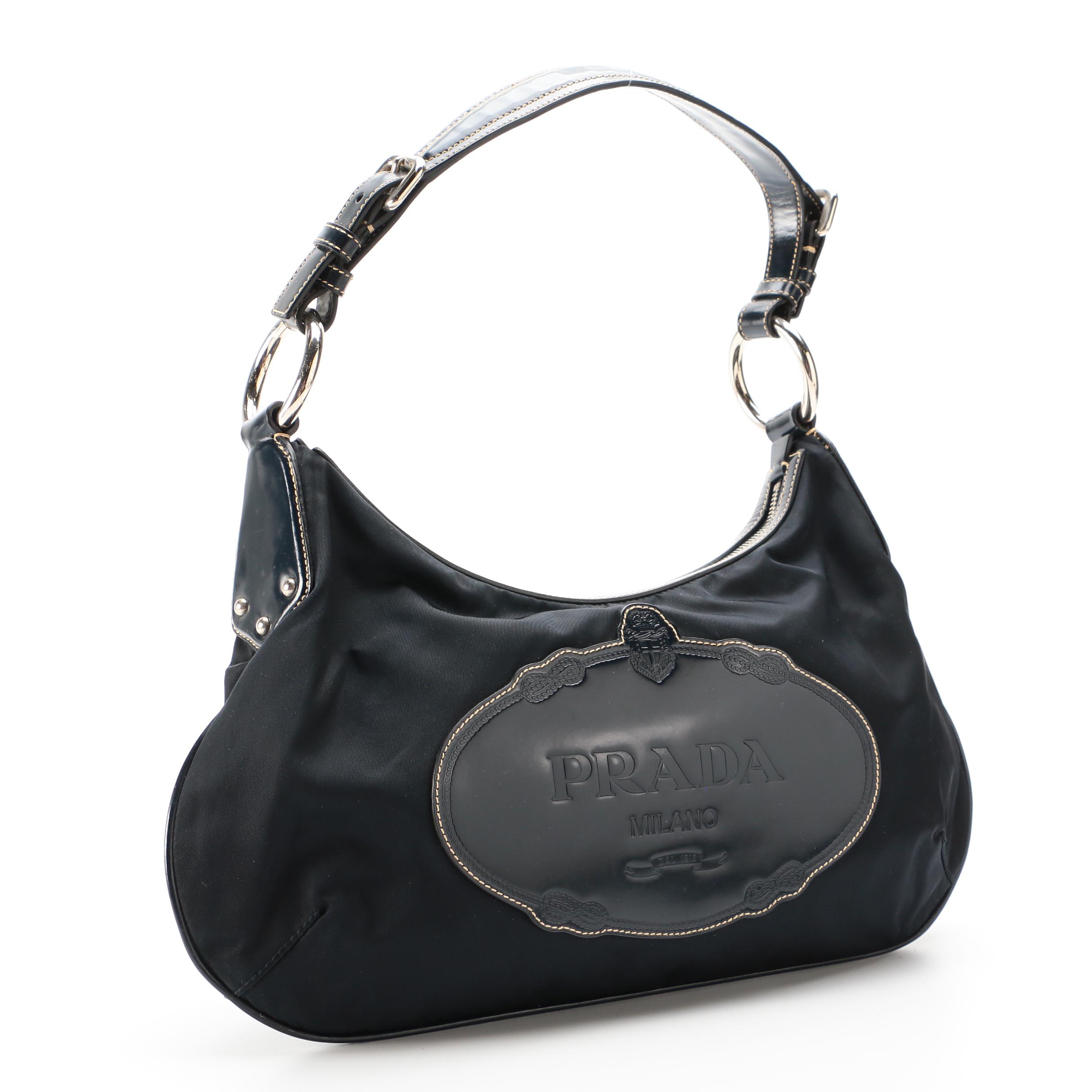Prada Navy Nylon and Leather Embossed Logo Shoulder Bag with Contrast Stitching