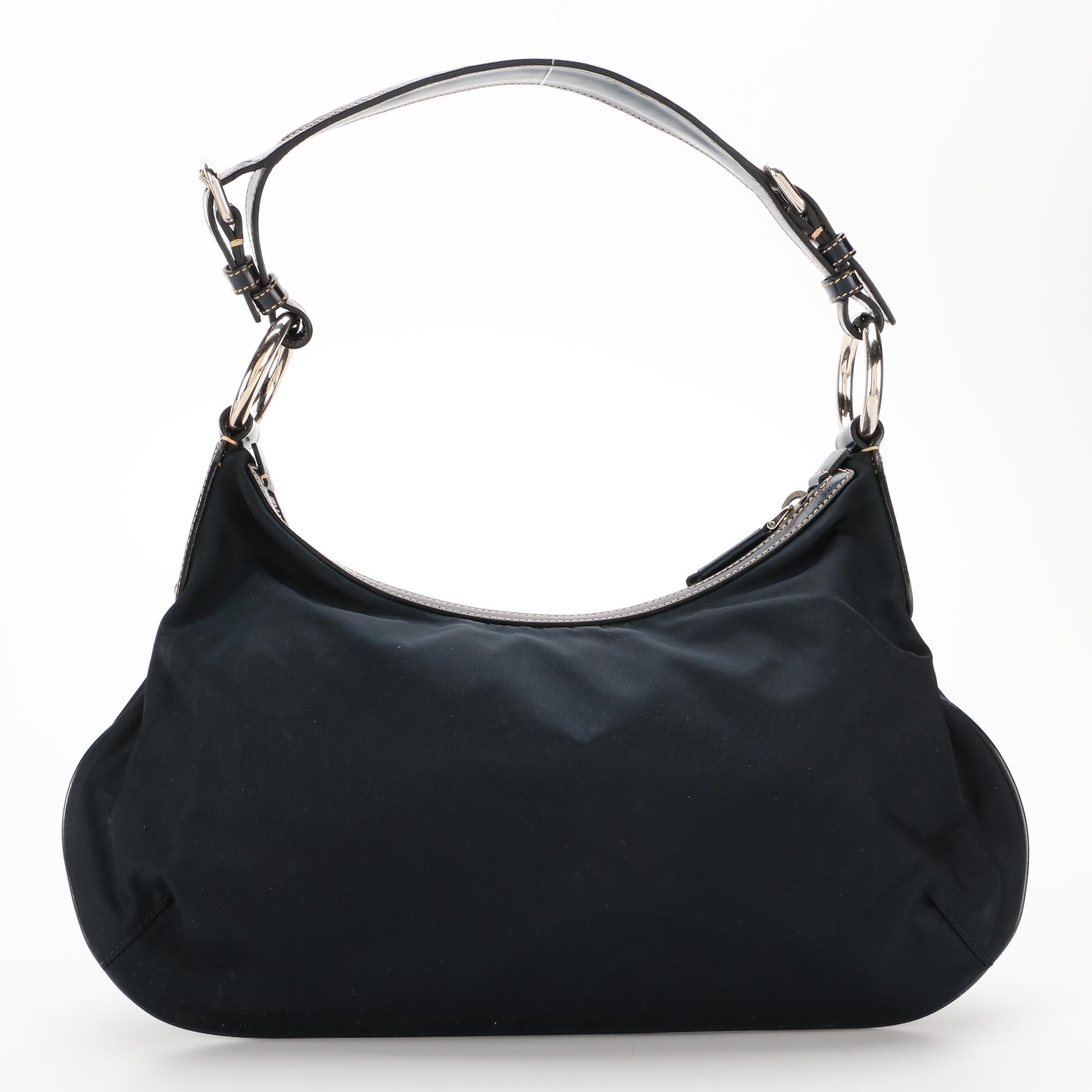 Prada Navy Nylon and Leather Embossed Logo Shoulder Bag with Contrast Stitching