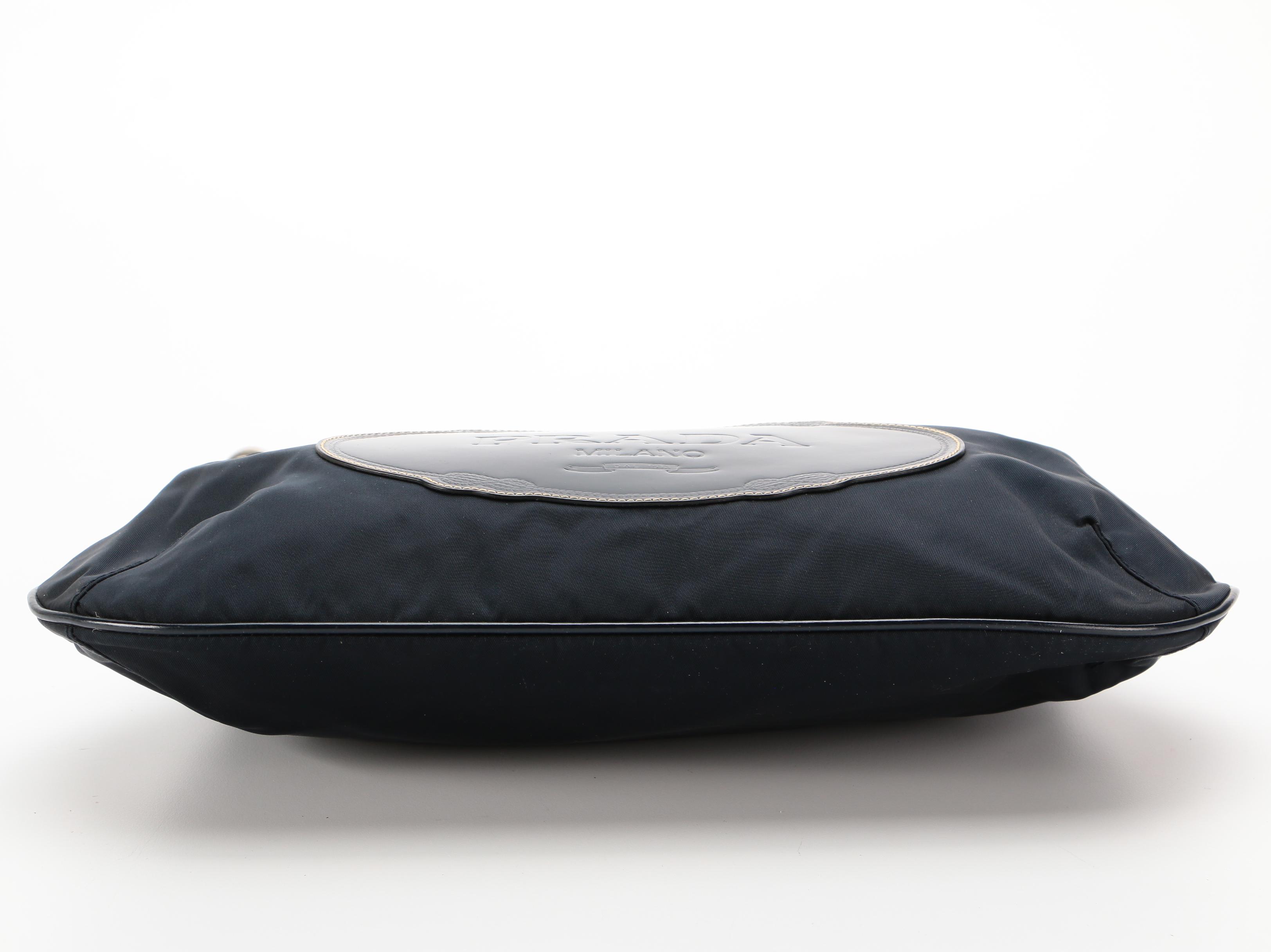 Prada Navy Nylon and Leather Embossed Logo Shoulder Bag with Contrast Stitching