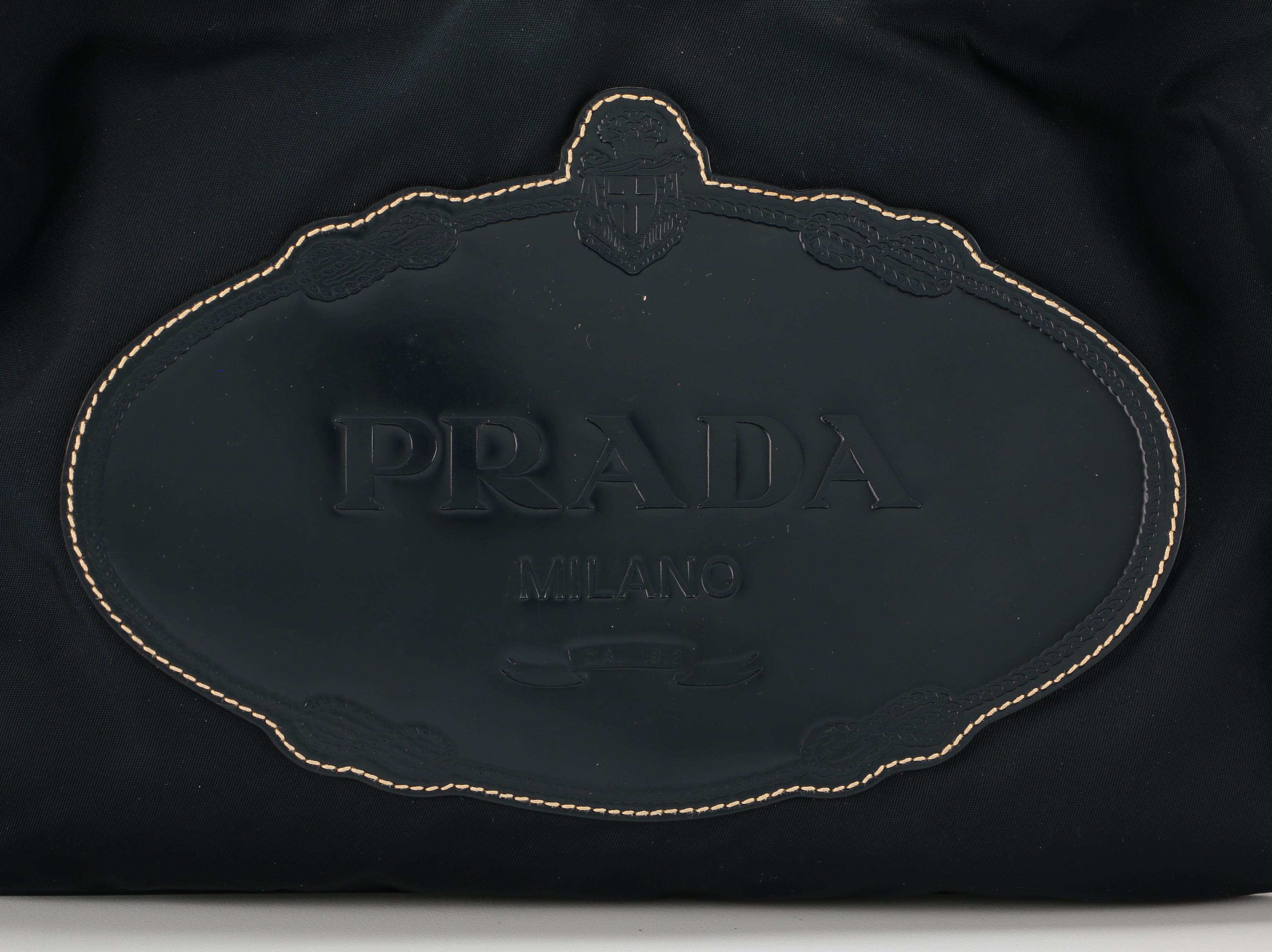 Prada Navy Nylon and Leather Embossed Logo Shoulder Bag with Contrast Stitching