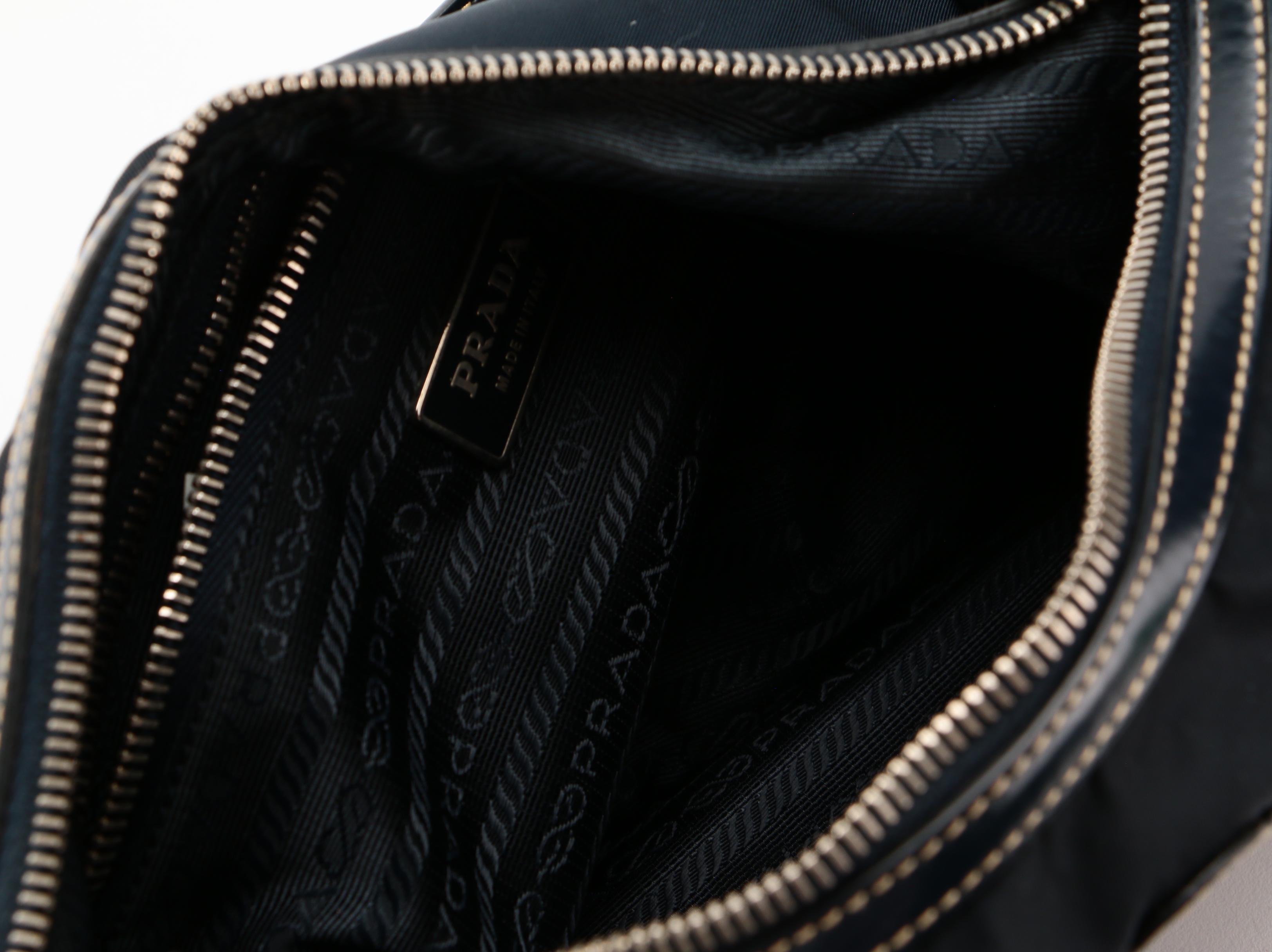 Prada Navy Nylon and Leather Embossed Logo Shoulder Bag with Contrast Stitching