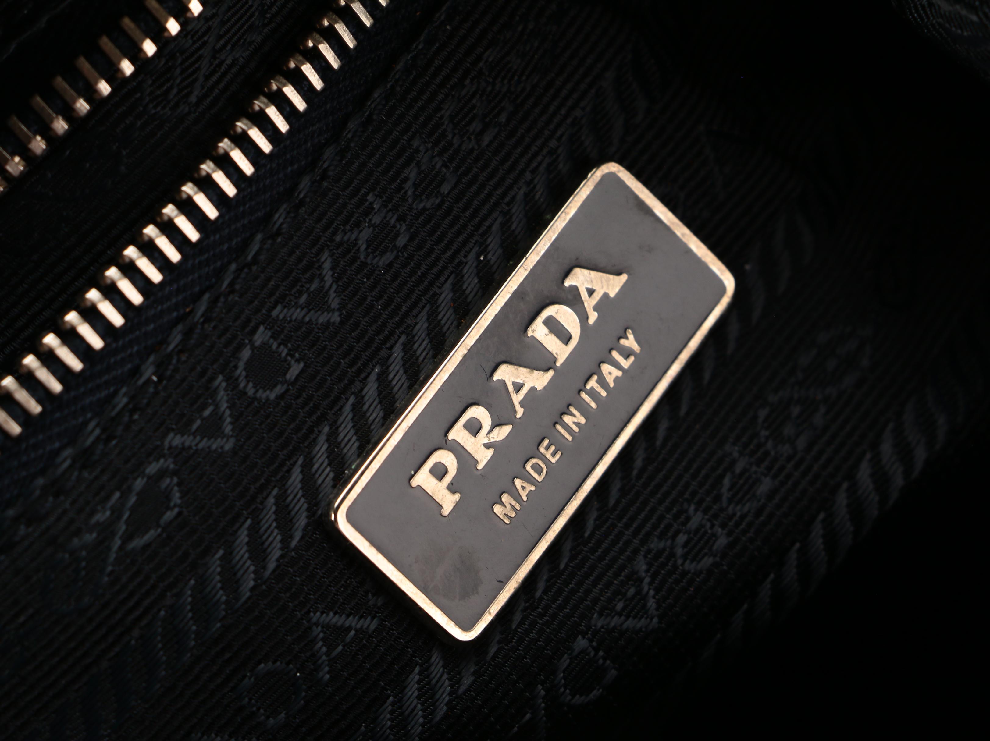 Prada Navy Nylon and Leather Embossed Logo Shoulder Bag with Contrast Stitching