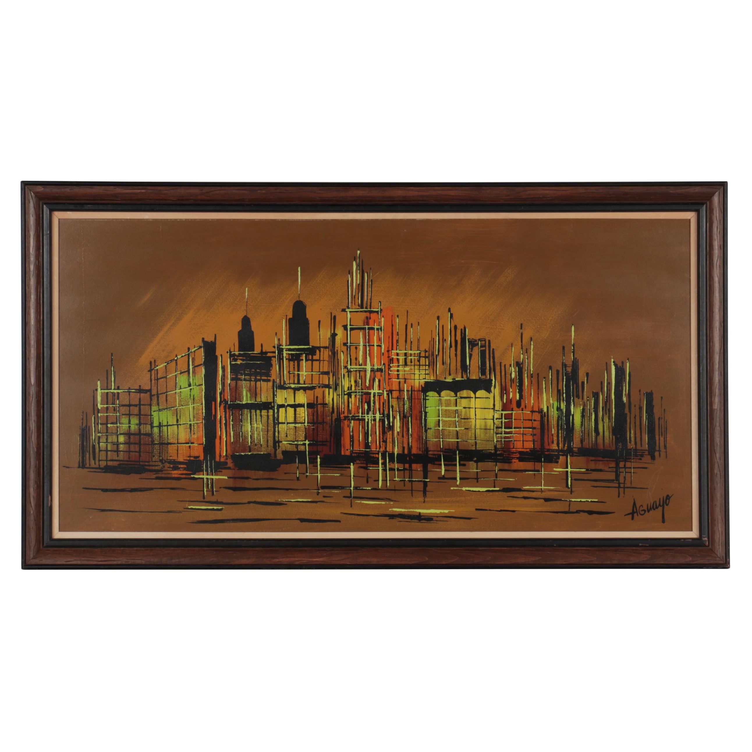 Abstract Cityscape Oil Painting of Skyline, Late 20th Century